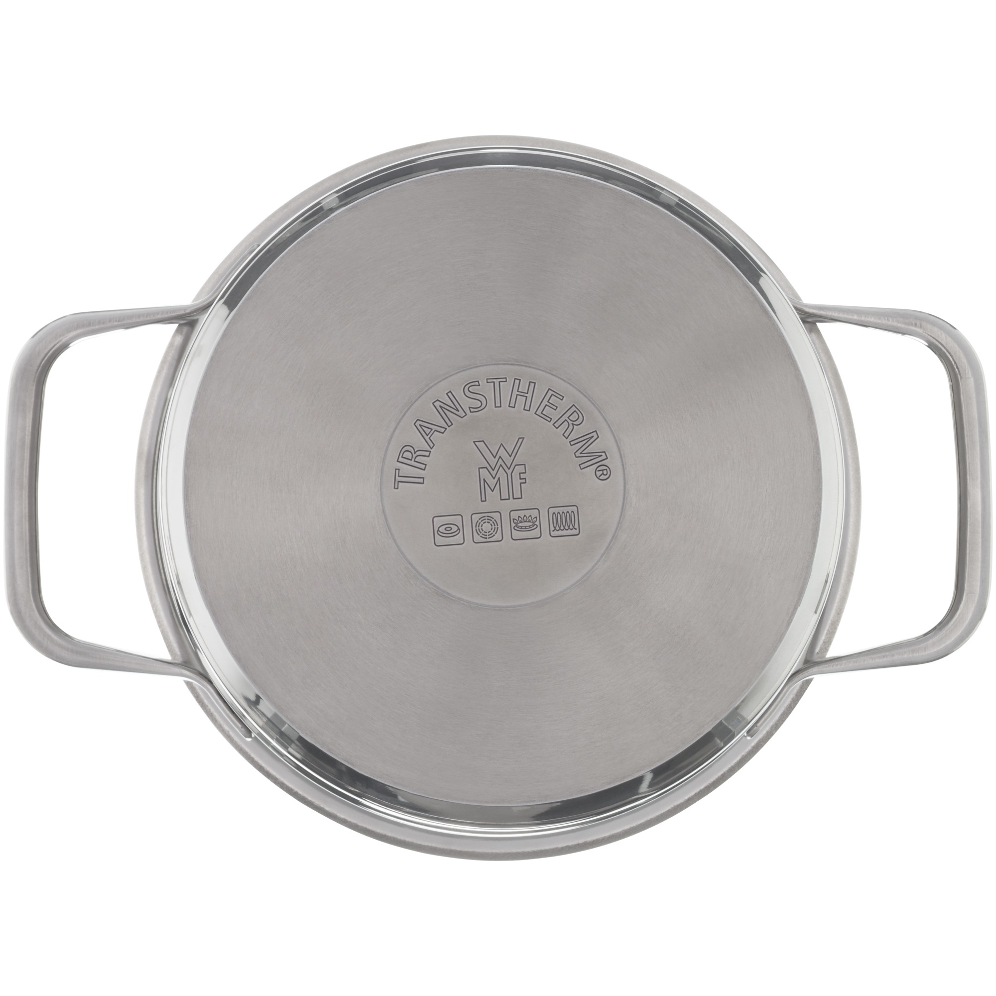 Edelstahltopf-Bodenansicht mit Griffen. Enthält Markennamen und Symbole.