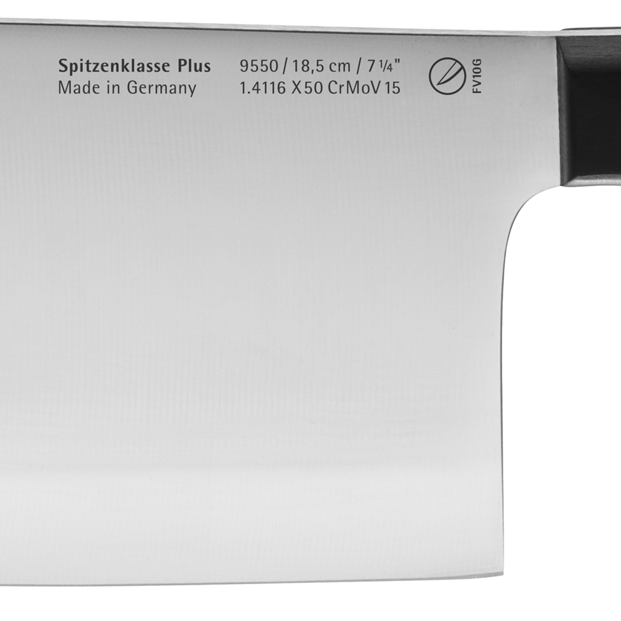 Nahaufnahme eines Edelstahlmessers mit Text: Spitzeklasse Plus, Made in Germany und Seriennummern.