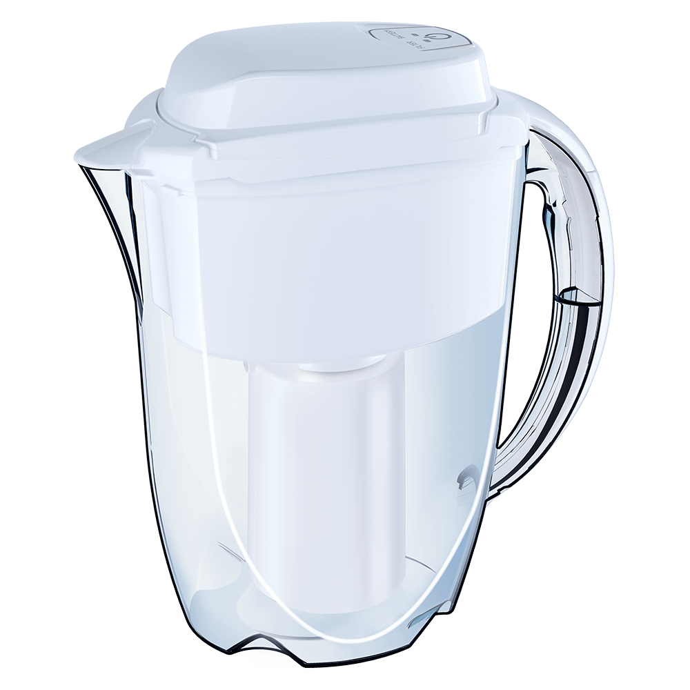 Ein weißer Wasserfilterkrug mit transparentem Körper.
