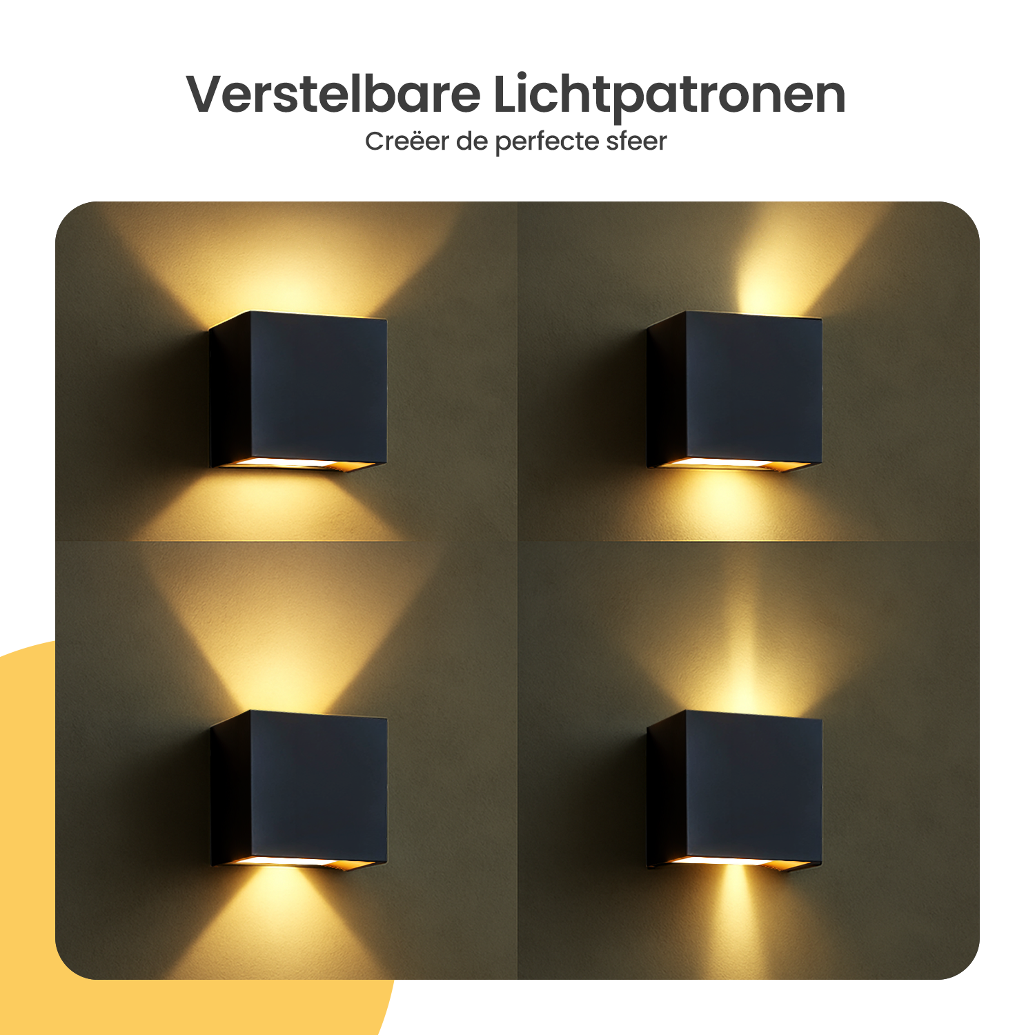 Four black square wall lights with golden light output, arranged on a dark wall.