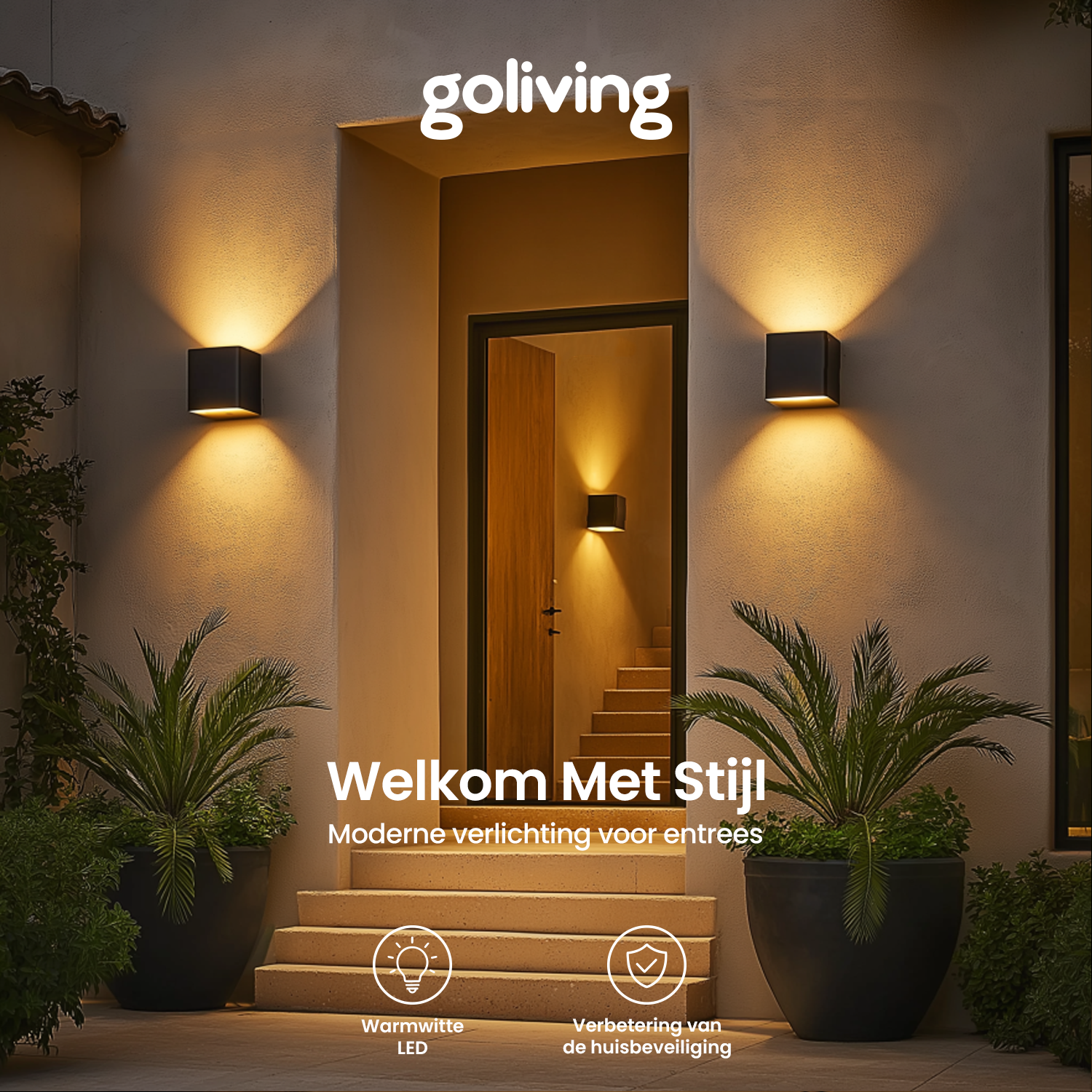 Exterior view with two lights and a door with stairs.