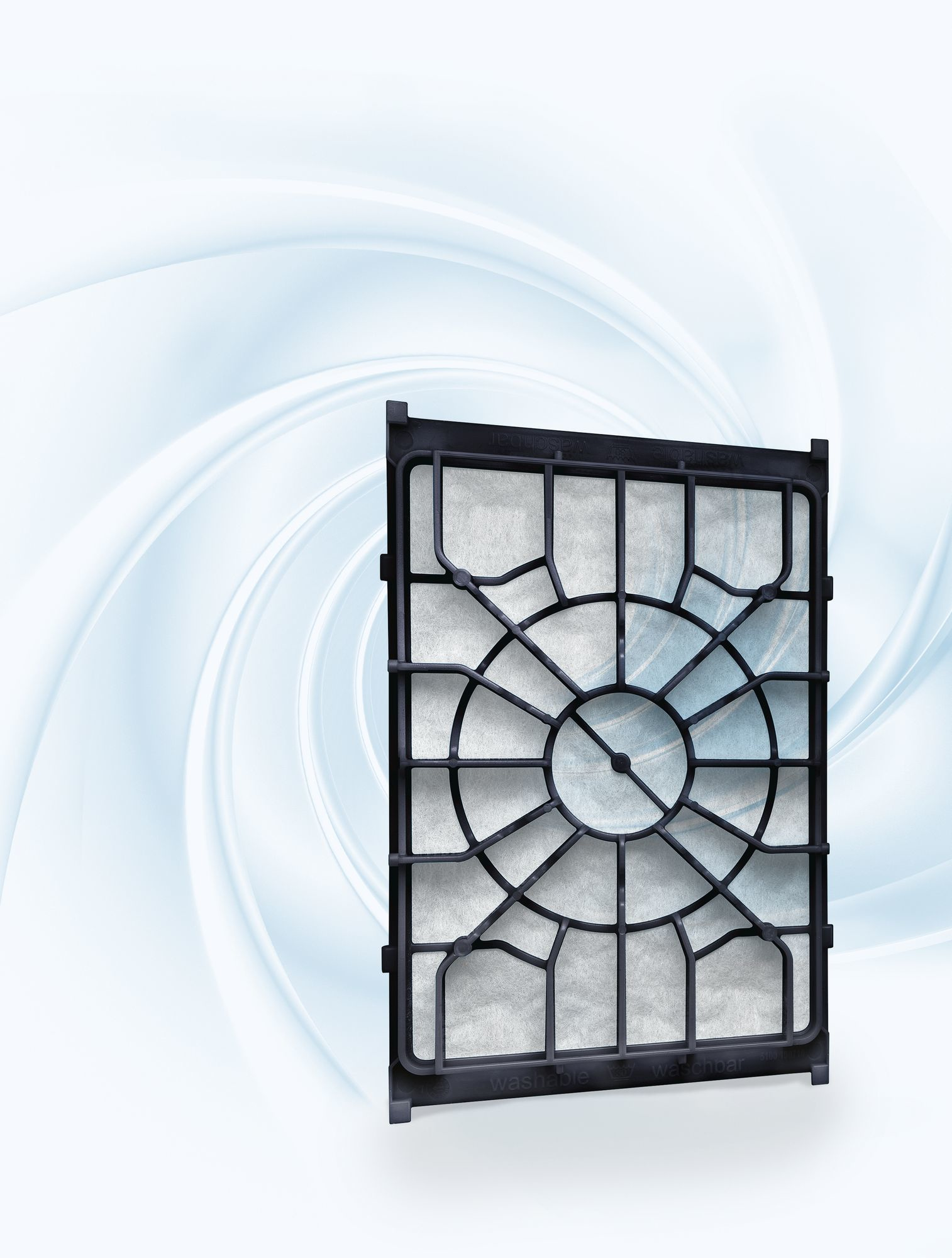 Czarny filtr powietrza z geometrycznym wzorem, na tle wirującego niebiesko-białego tła.