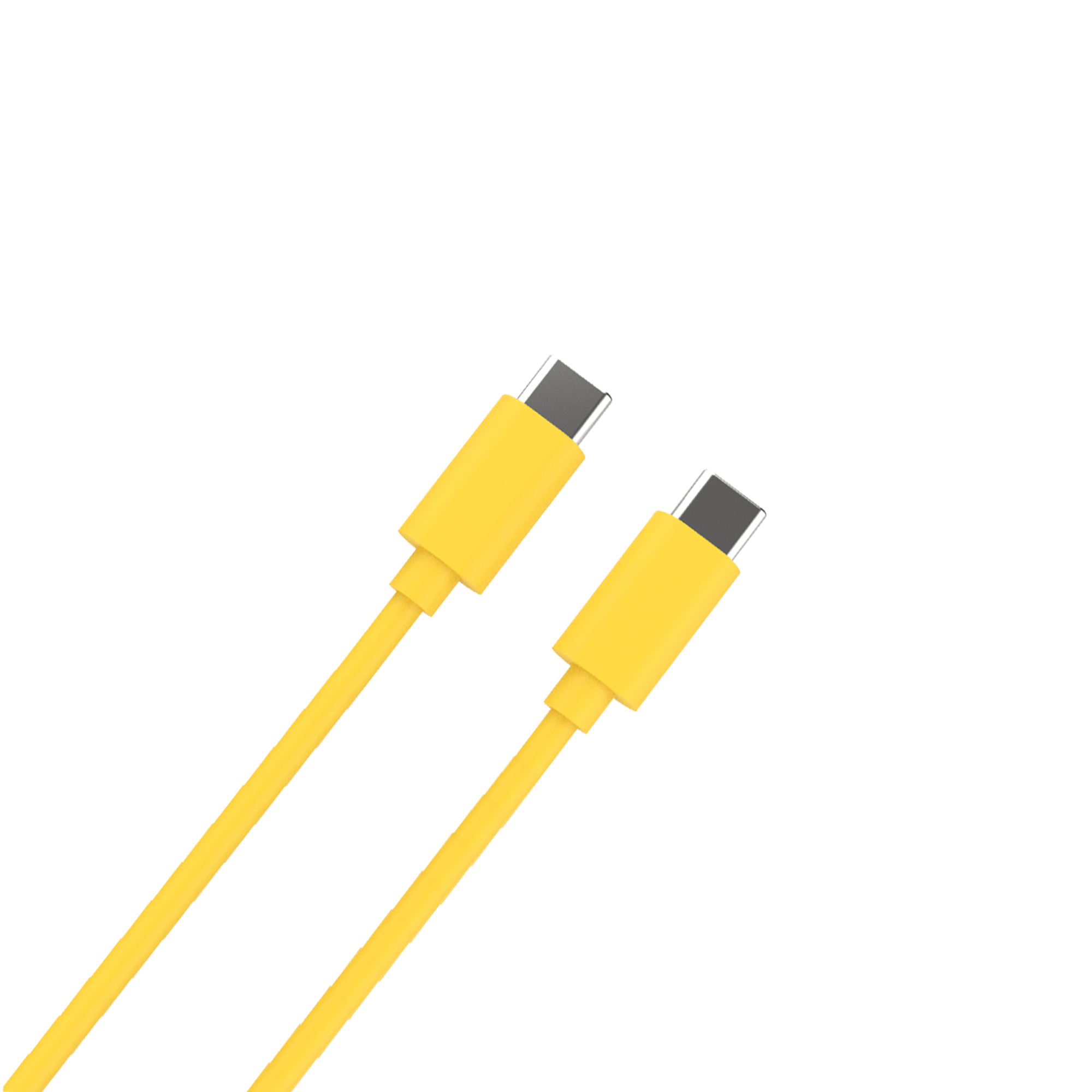 Due cavi USB-C gialli su sfondo bianco, angolati verso lo spettatore.