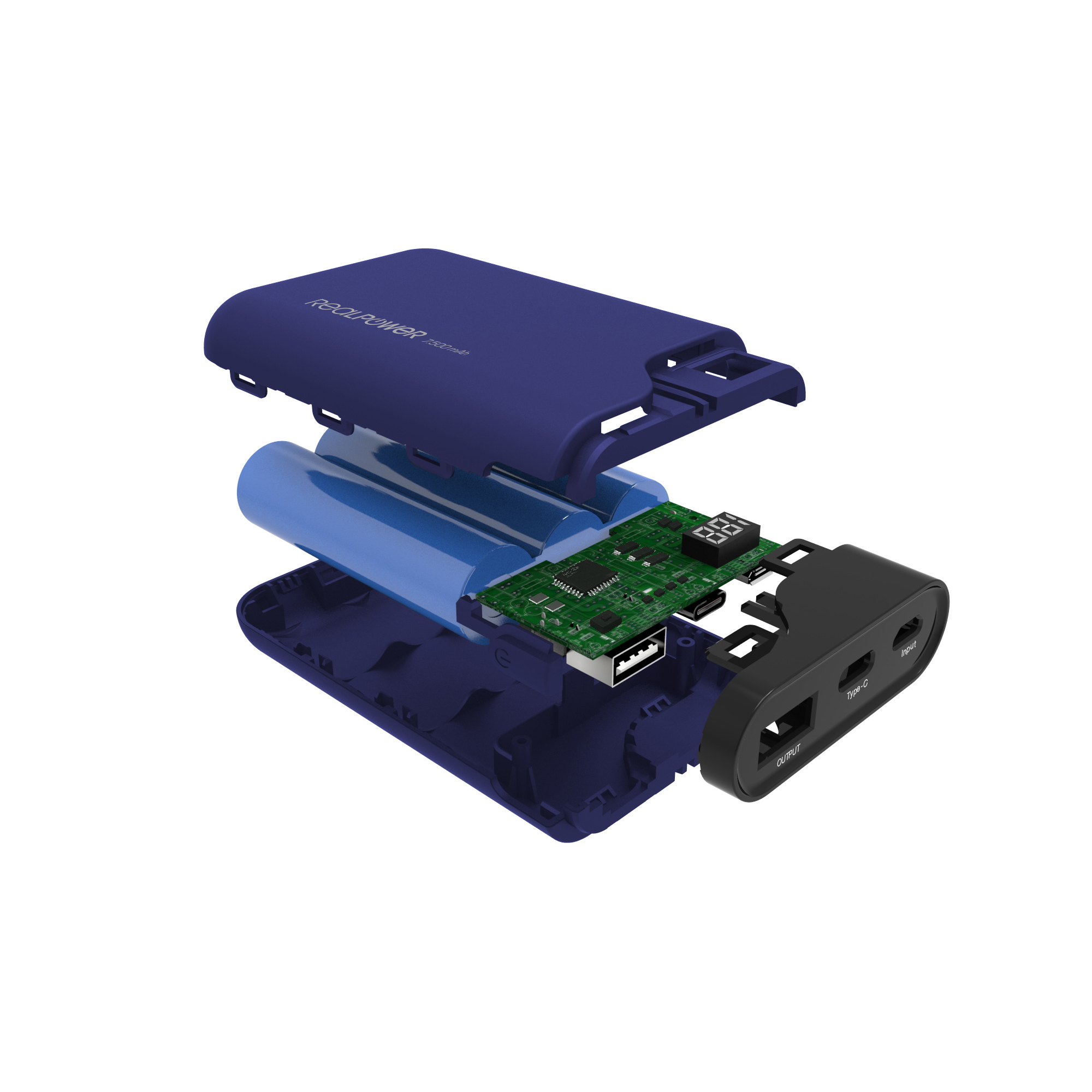 Power bank blu smontato che mostra i componenti interni: batteria, circuito stampato.