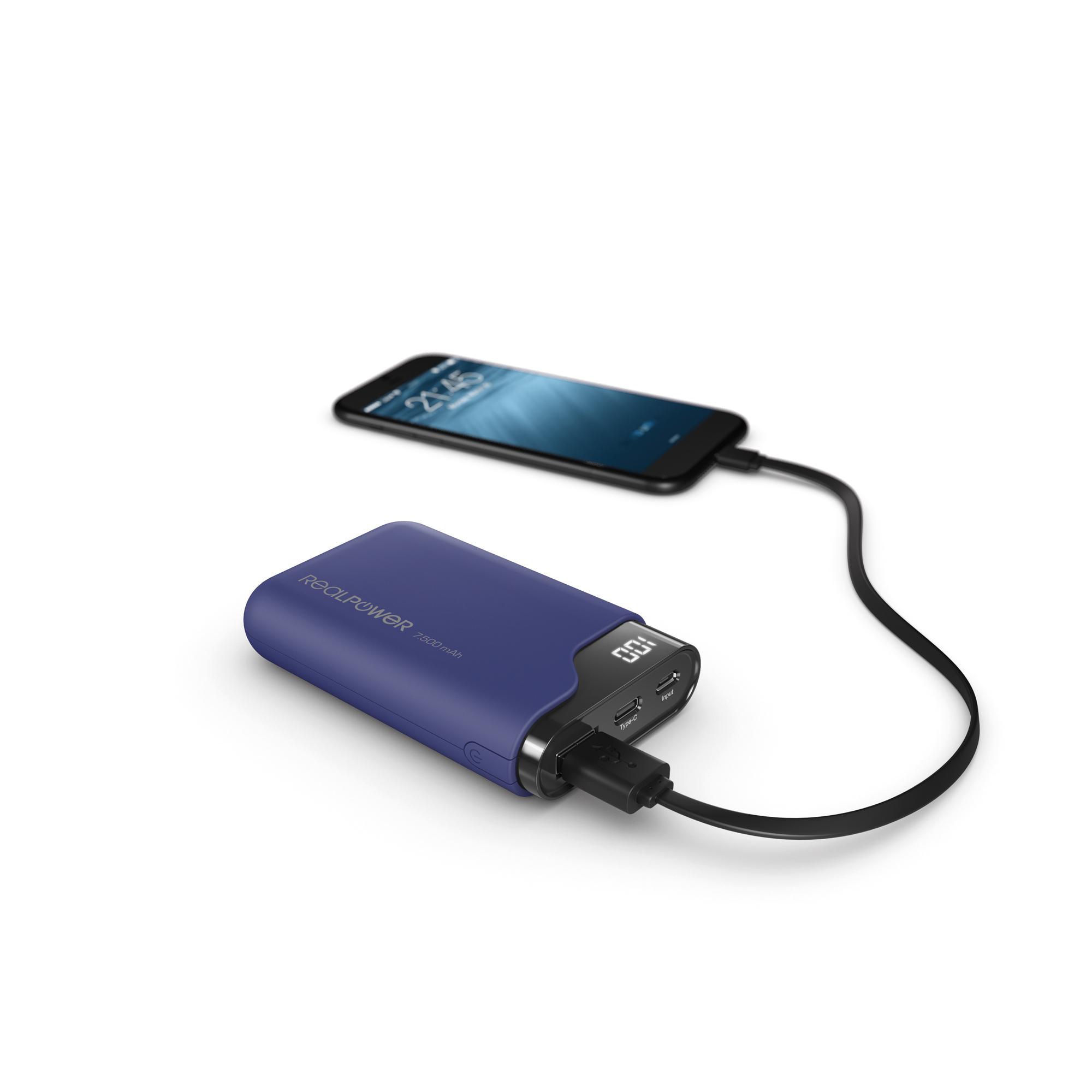 Power bank blu carica un telefono con un cavo nero, su una superficie bianca.