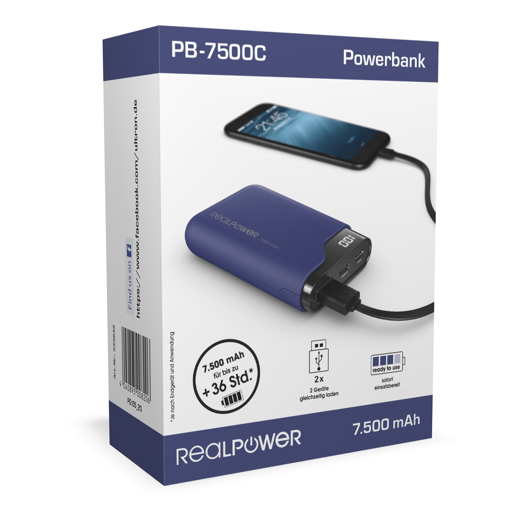 Powerbank in una scatola. Mostra un powerbank blu, un telefono in carica e specifiche come 7.500 mAh.