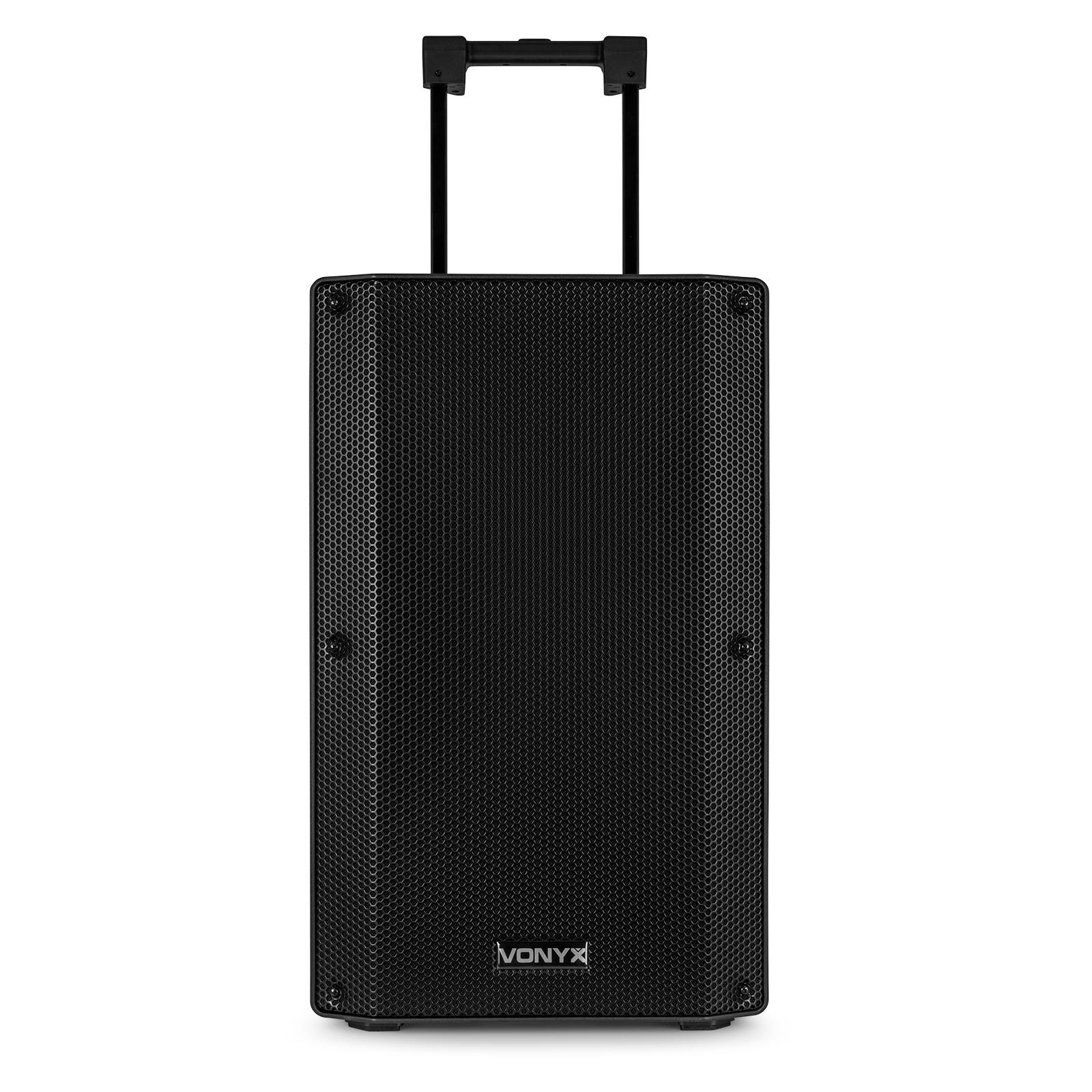 Zwarte speaker met handvat. De speaker heeft een gestructureerd oppervlak.