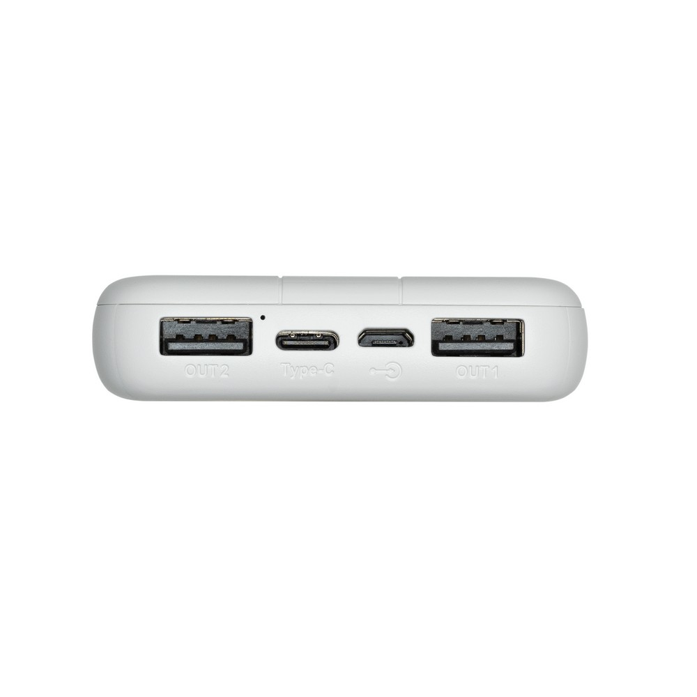Power bank bianco con due porte USB e una porta Type-C. Design minimalista, vista dall'alto.