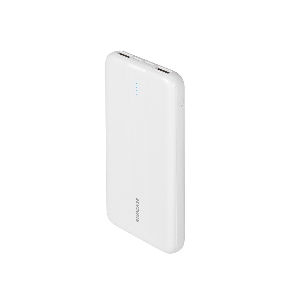 Power bank bianca. Ha quattro spie blu e un pulsante di accensione. Logo Rivacase.