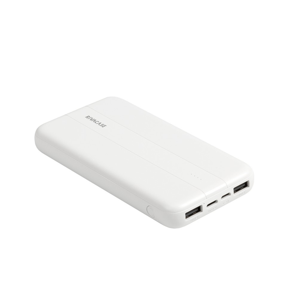 Un power bank Rivacase bianco con porte di ricarica.
