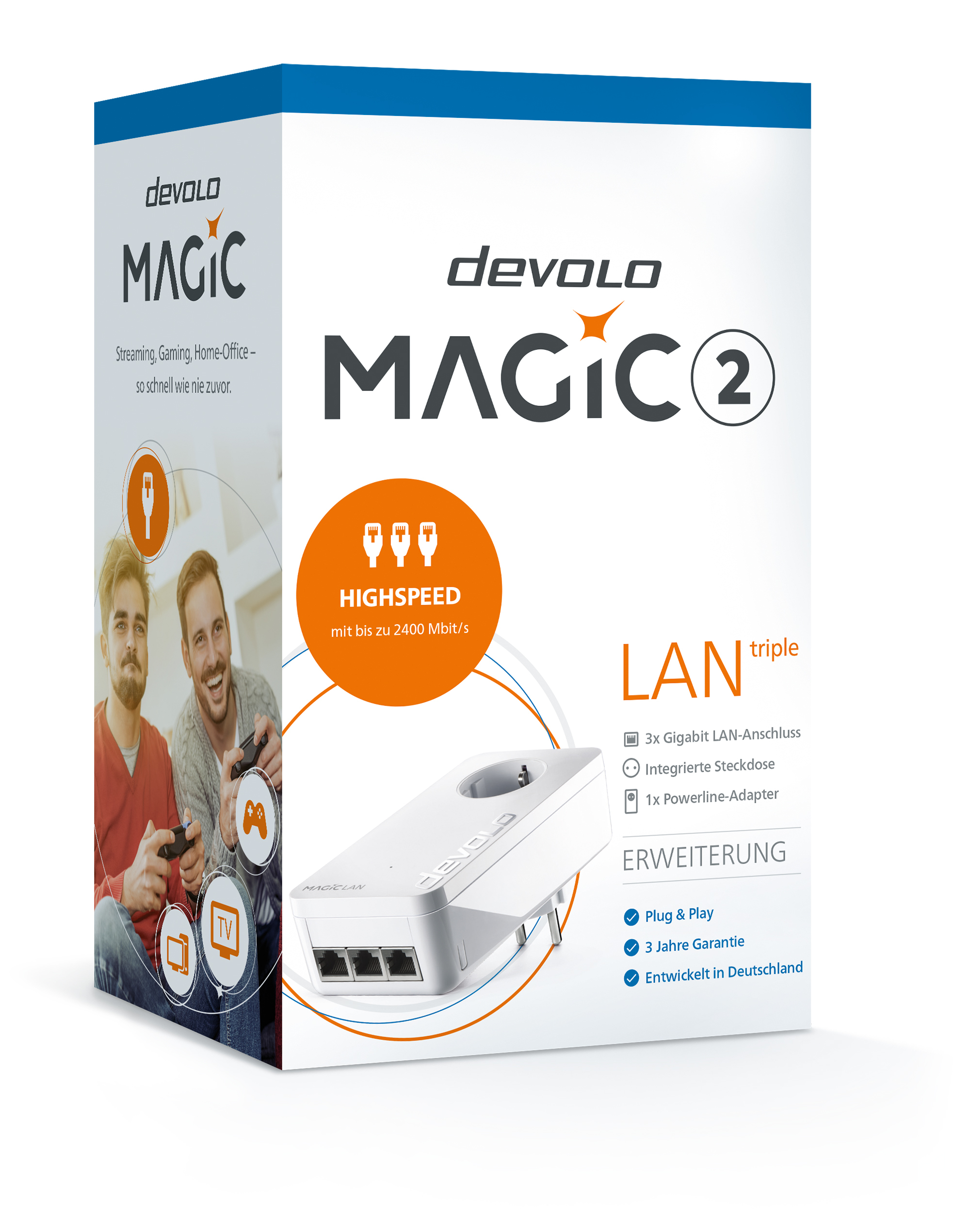 Pudełko z produktem devolo MAGIC 2. Adapter powerline i trzy porty LAN. Dwóch mężczyzn gra w gry.