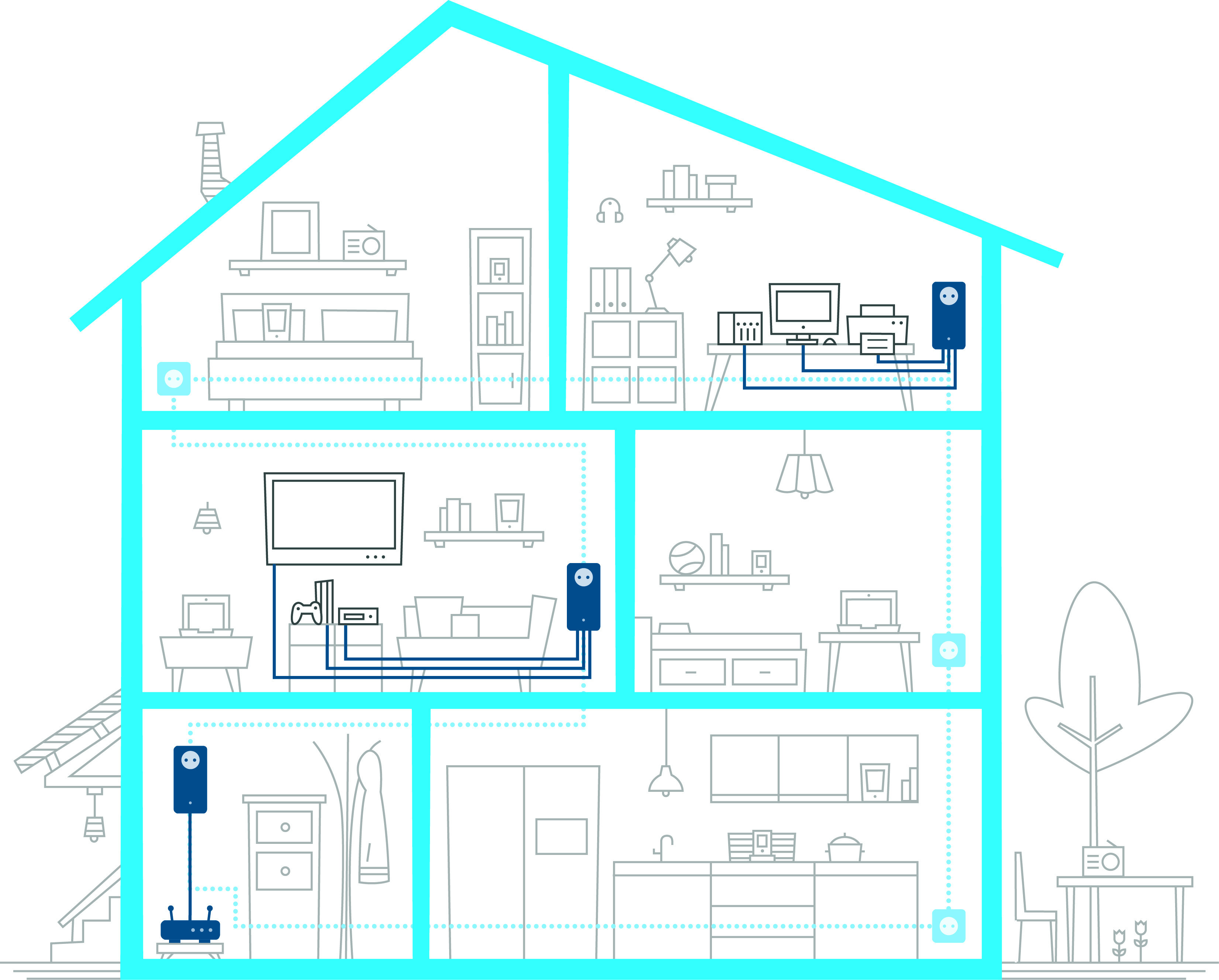 Ilustracja przekrojowa domu z okablowaniem i urządzeniami, biały kontur na niebieskim tle.