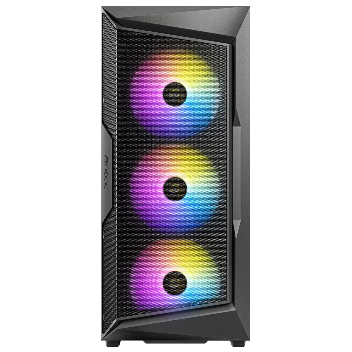 Vista frontal de una carcasa negra de computadora con tres ventiladores RGB tras un panel de malla.