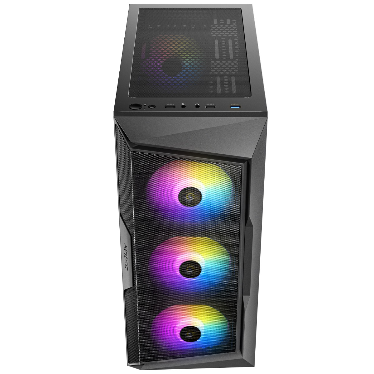 Carcasa de ordenador negra con tres ventiladores, luces RGB y panel frontal de malla.