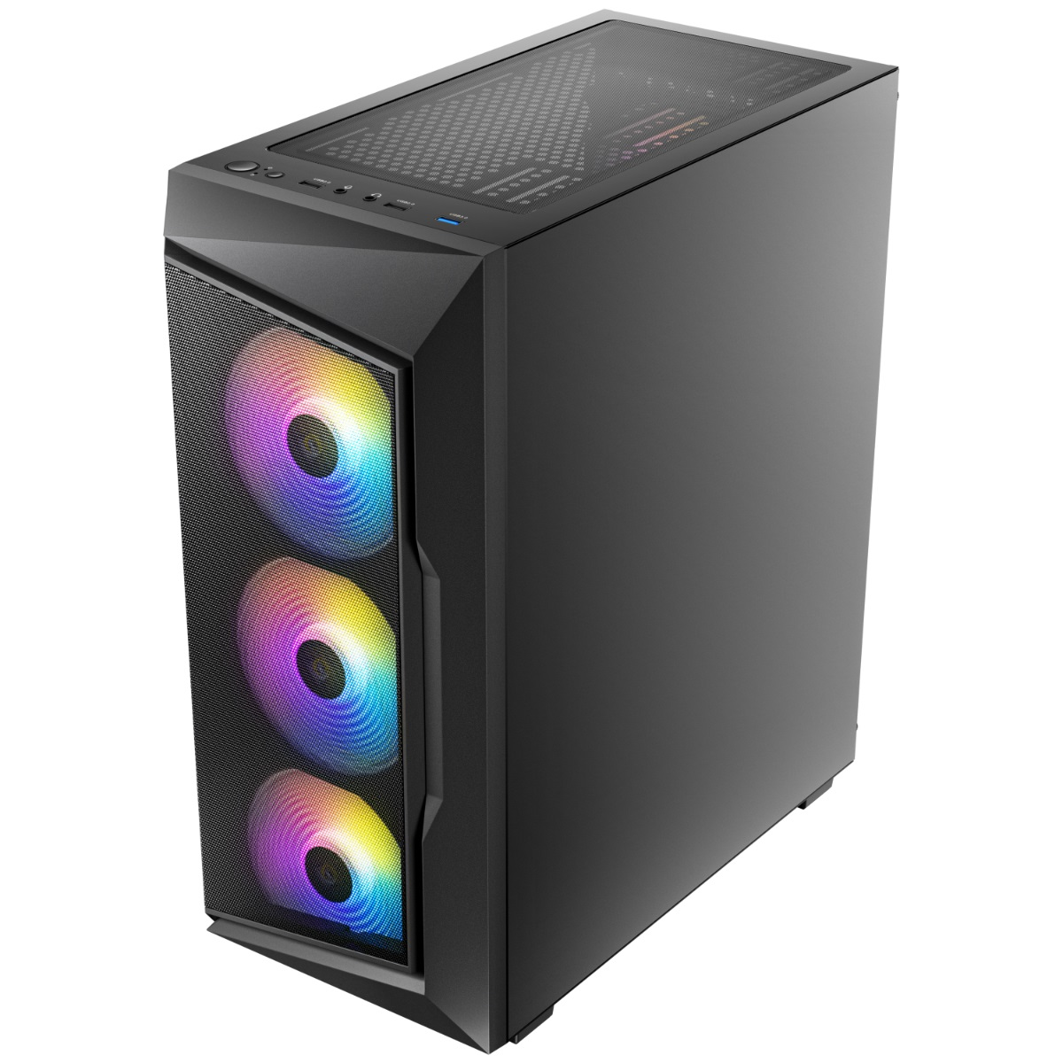 Carcasa de computadora negra con tres ventiladores iluminados en arcoíris y panel lateral de vidrio.