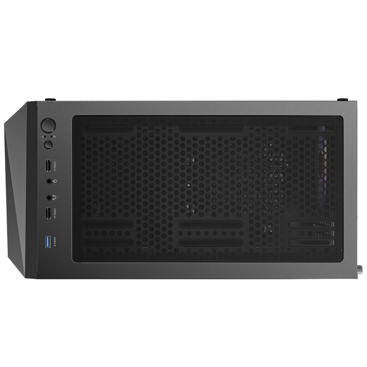 Una caja de ordenador gris con frontal de malla y varios puertos.