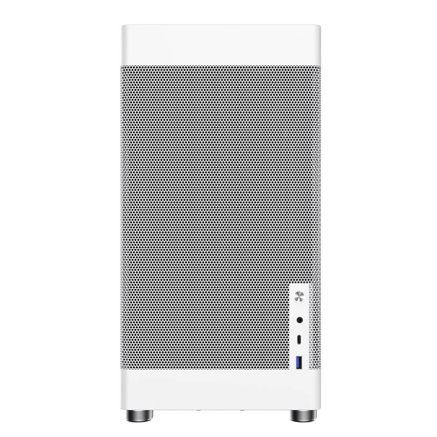 Caja de ordenador blanca con panel frontal perforado y panel lateral pequeño. Puertos USB.