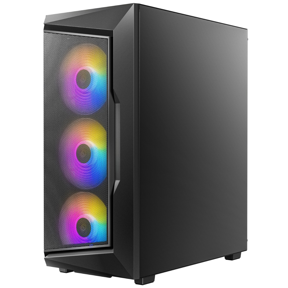 Caja de ordenador negra con frontal de malla, tres ventiladores RGB y panel lateral.
