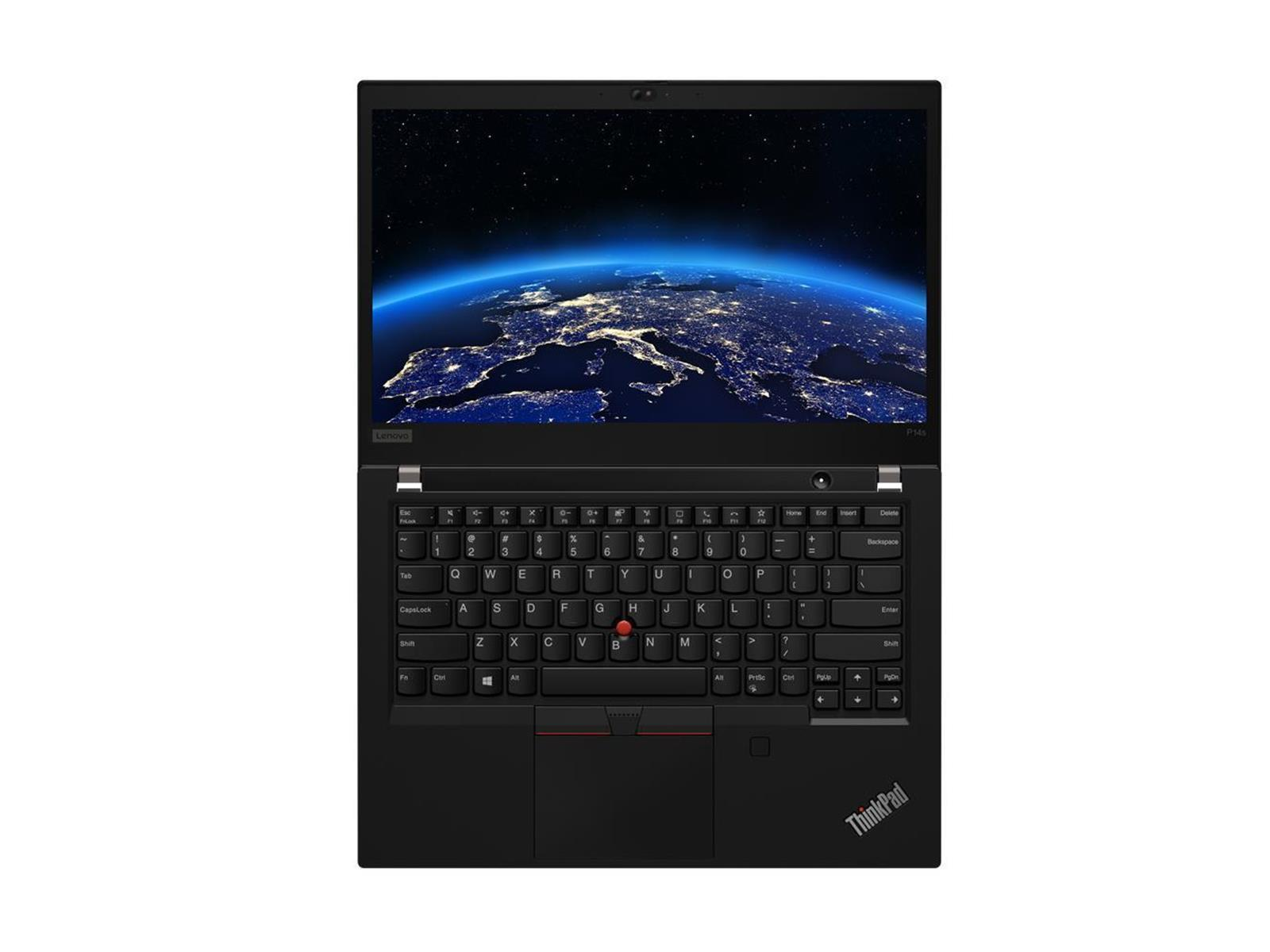Schwarzer Laptop mit Nachtansicht der Erde. Tastatur sichtbar, mit rotem TrackPoint in der Mitte.