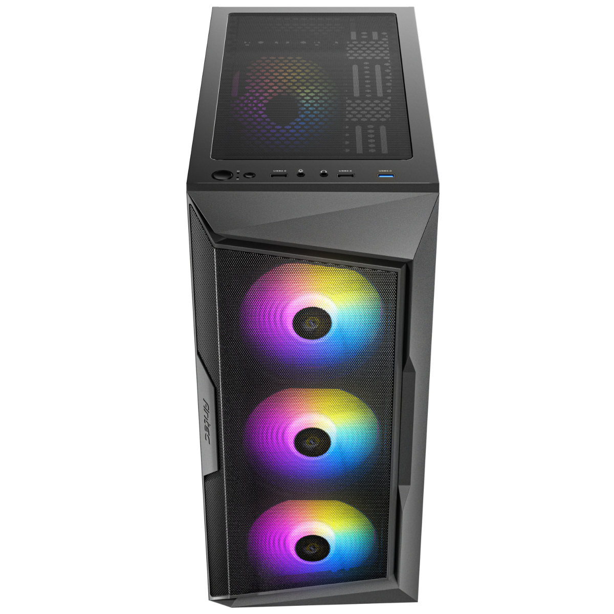 Caja de ordenador negra con frontal y parte superior de malla. Tiene ventiladores RGB y panel superior con USB.
