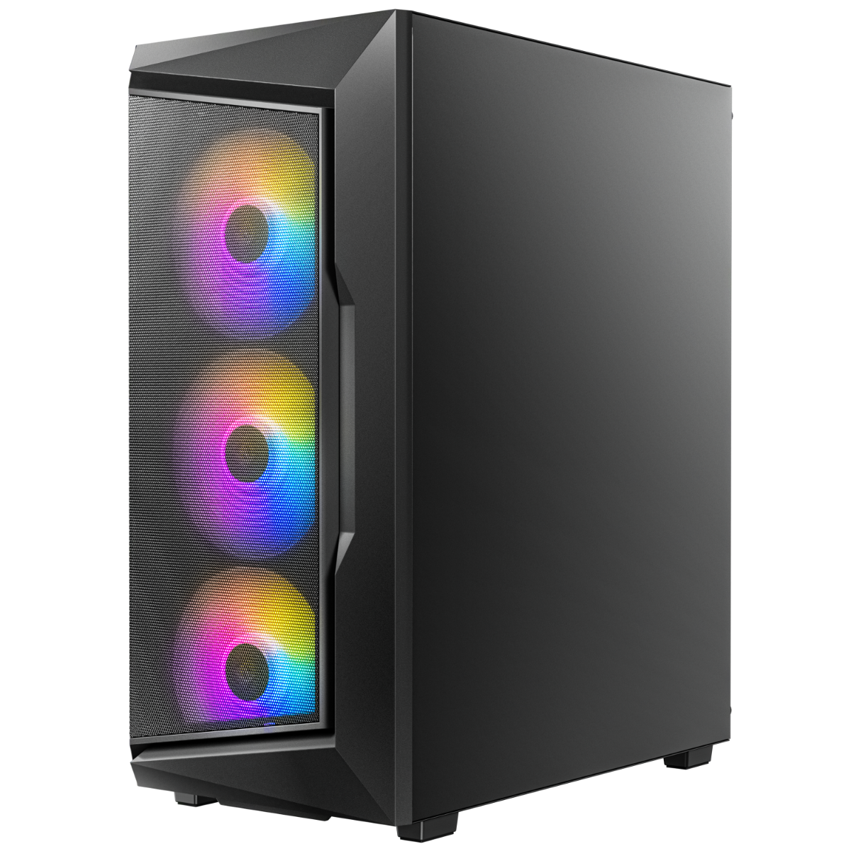 Carcasa de PC negra con tres ventiladores LED coloridos. El frontal tiene una malla.