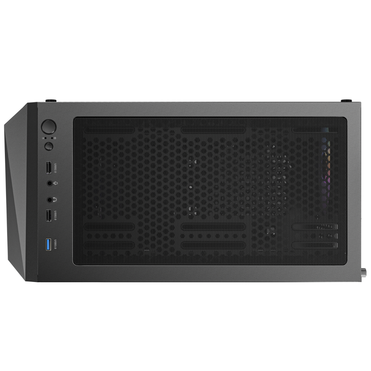 Una caja de computadora gris oscuro con un panel frontal de malla y múltiples puertos USB.