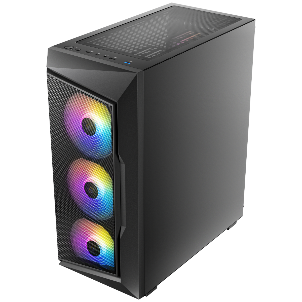 Caja de ordenador negra con tres ventiladores RGB visibles a través de un panel frontal de malla. Fondo negro.