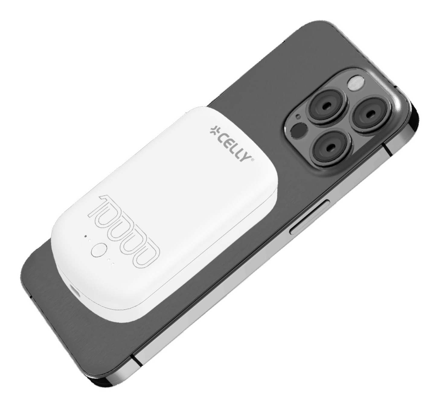 Un power bank bianco con l'etichetta "10000" è collegato al retro di un iPhone grigio.