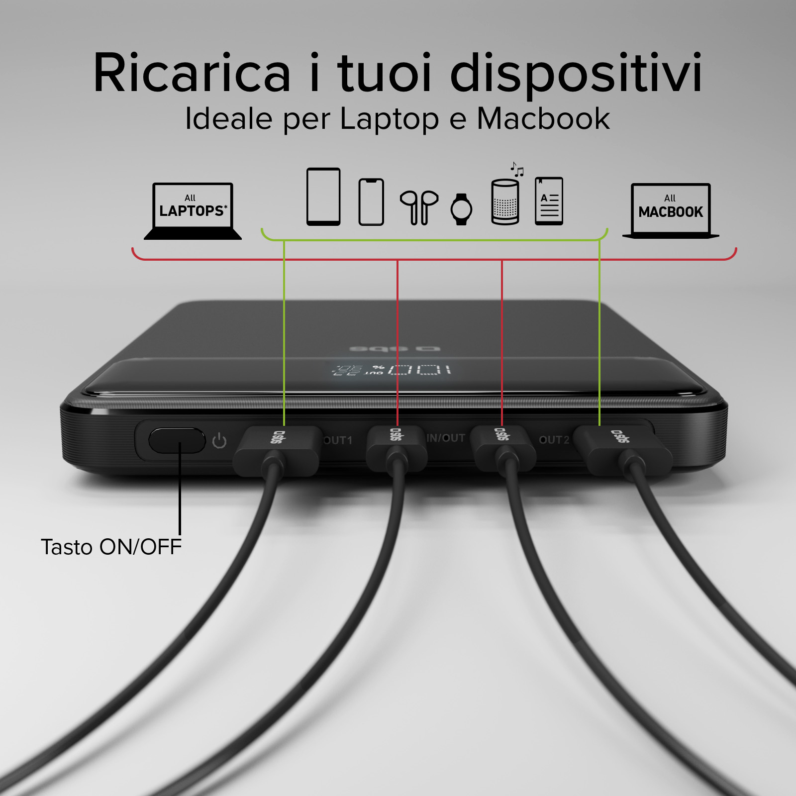 Un power bank nero con più cavi di ricarica collegati a diversi dispositivi.