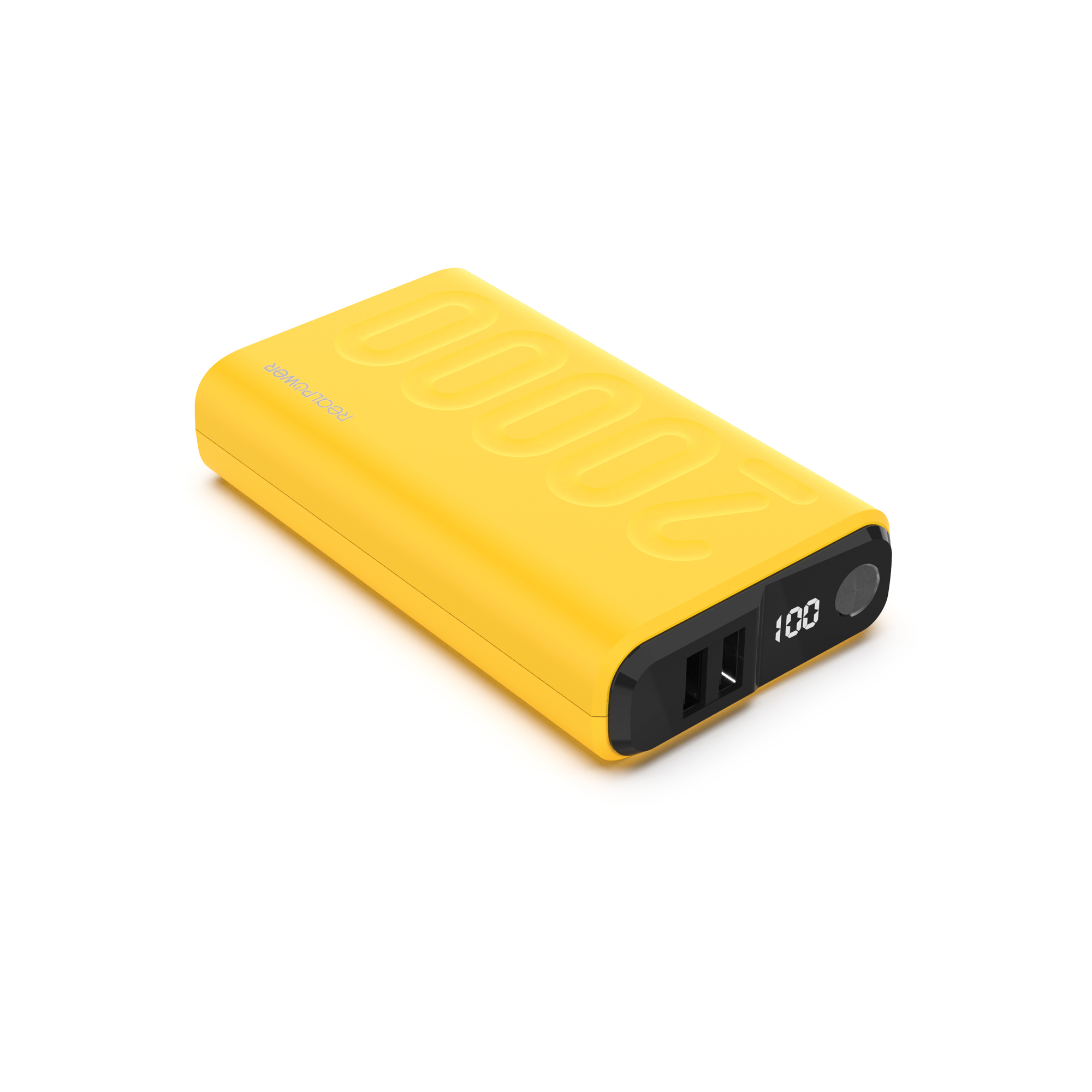Un power bank giallo con il numero '20000' e un piccolo display che mostra '100'.