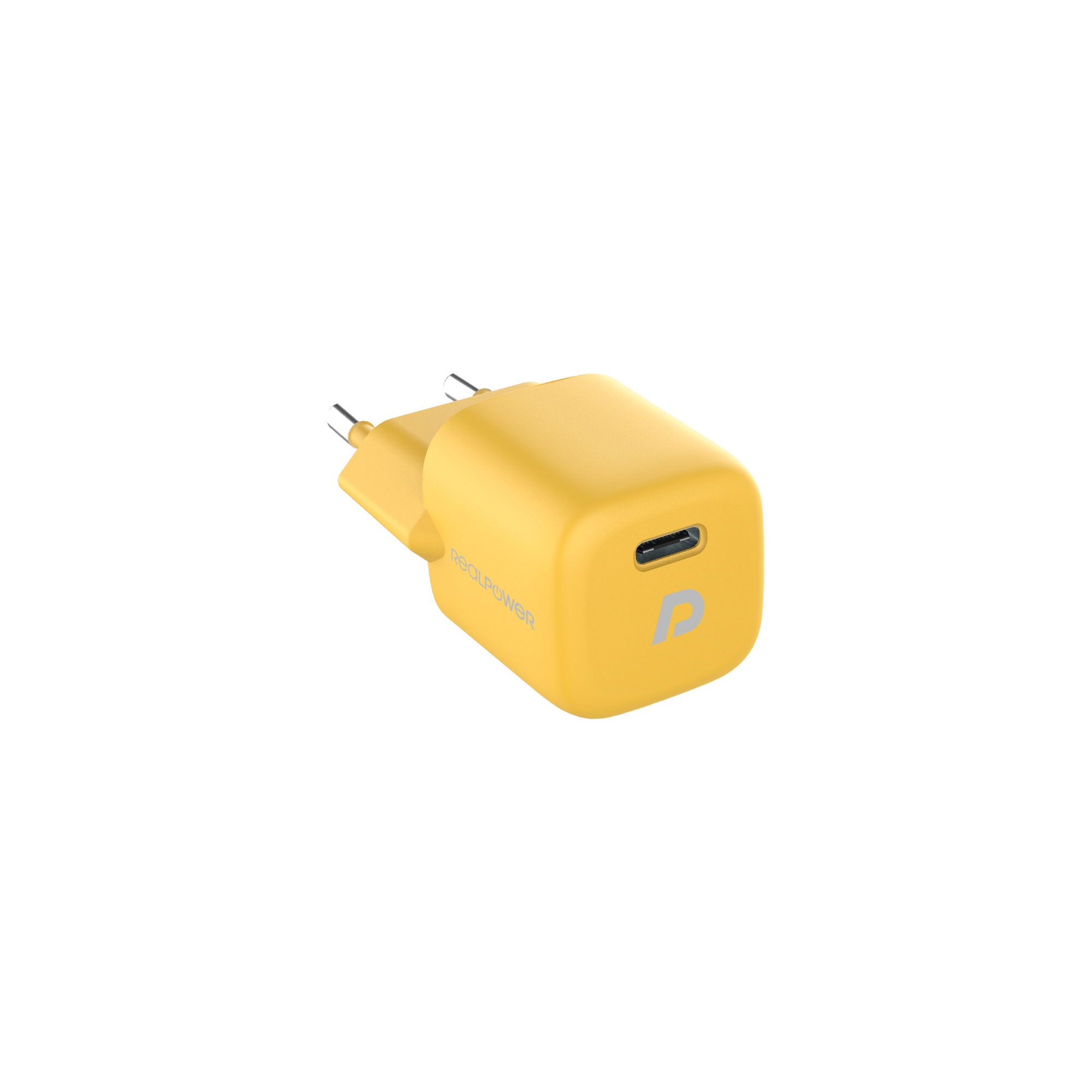 Un adattatore di alimentazione giallo con porta USB-C, angolato su sfondo bianco.