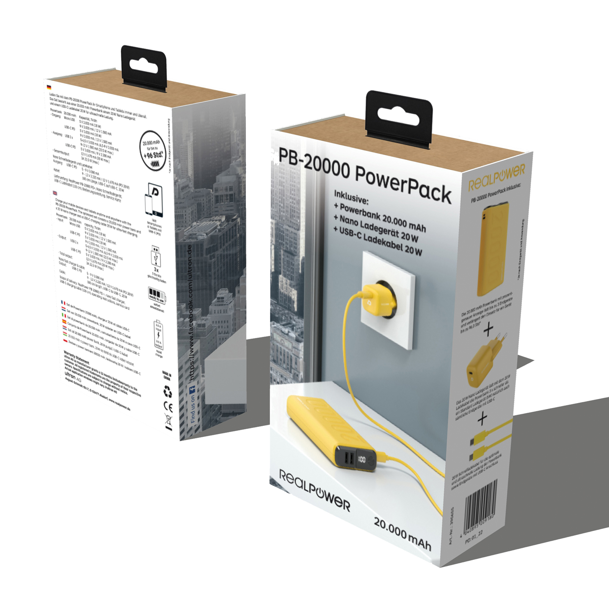 Confezione power bank con un power bank giallo. La confezione mostra testo e caratteristiche.