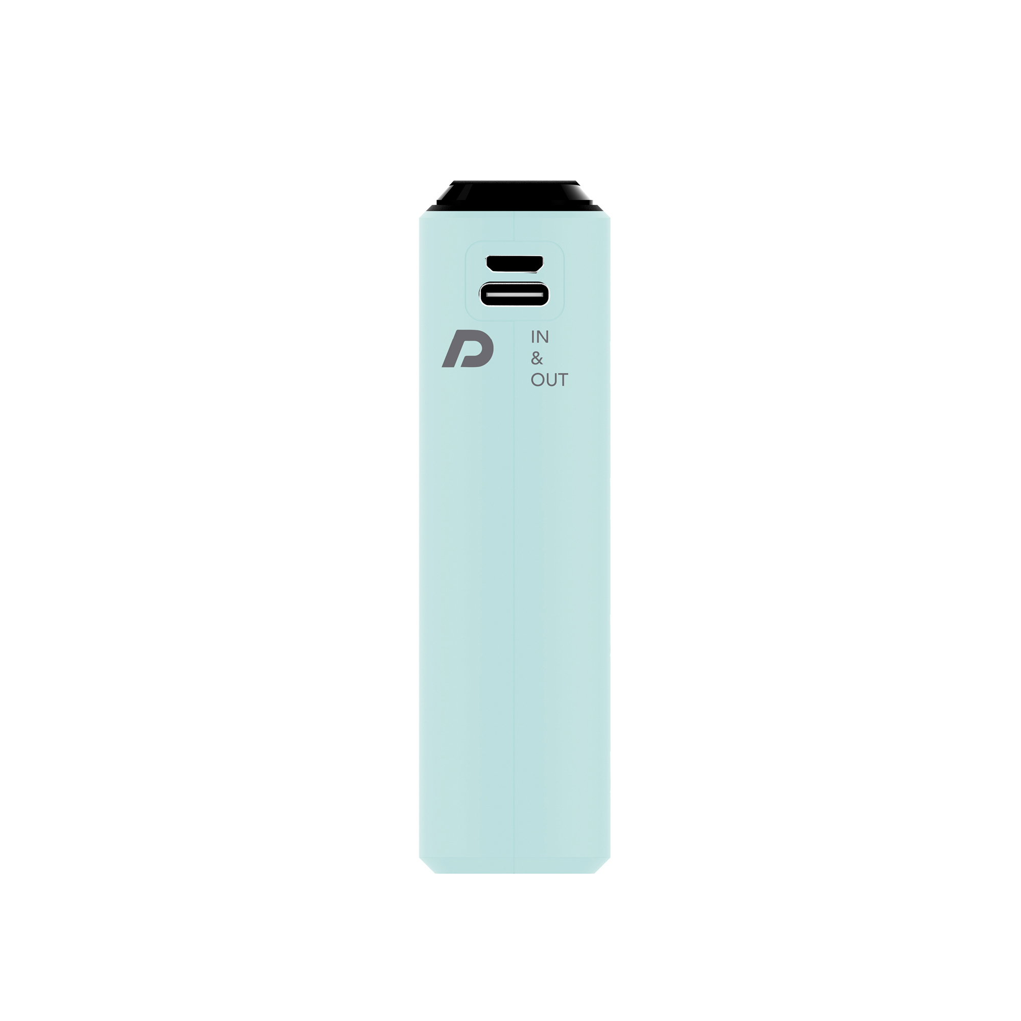 Un power bank azzurro con una porta 'IN & OUT' e un logo.