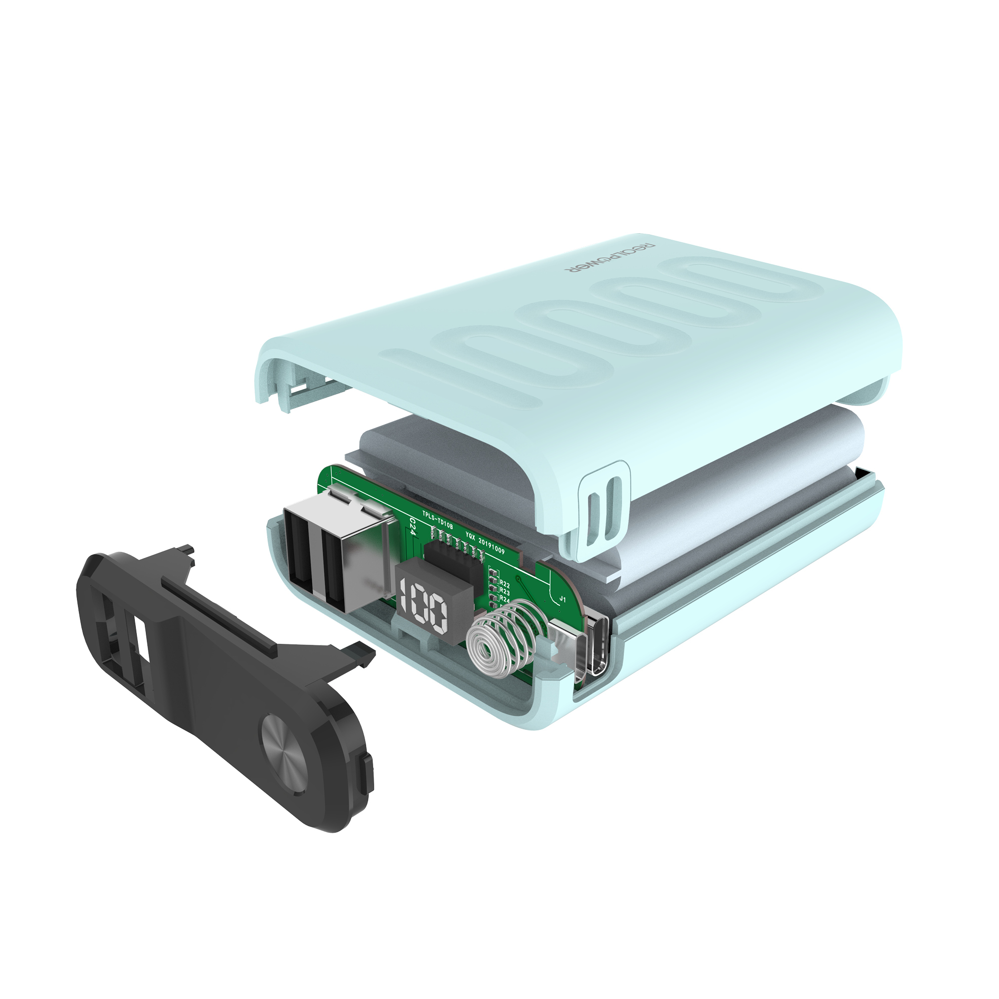 Un power bank azzurro aperto, che mostra i componenti interni, uno schermo che mostra '100', con un tappo nero.