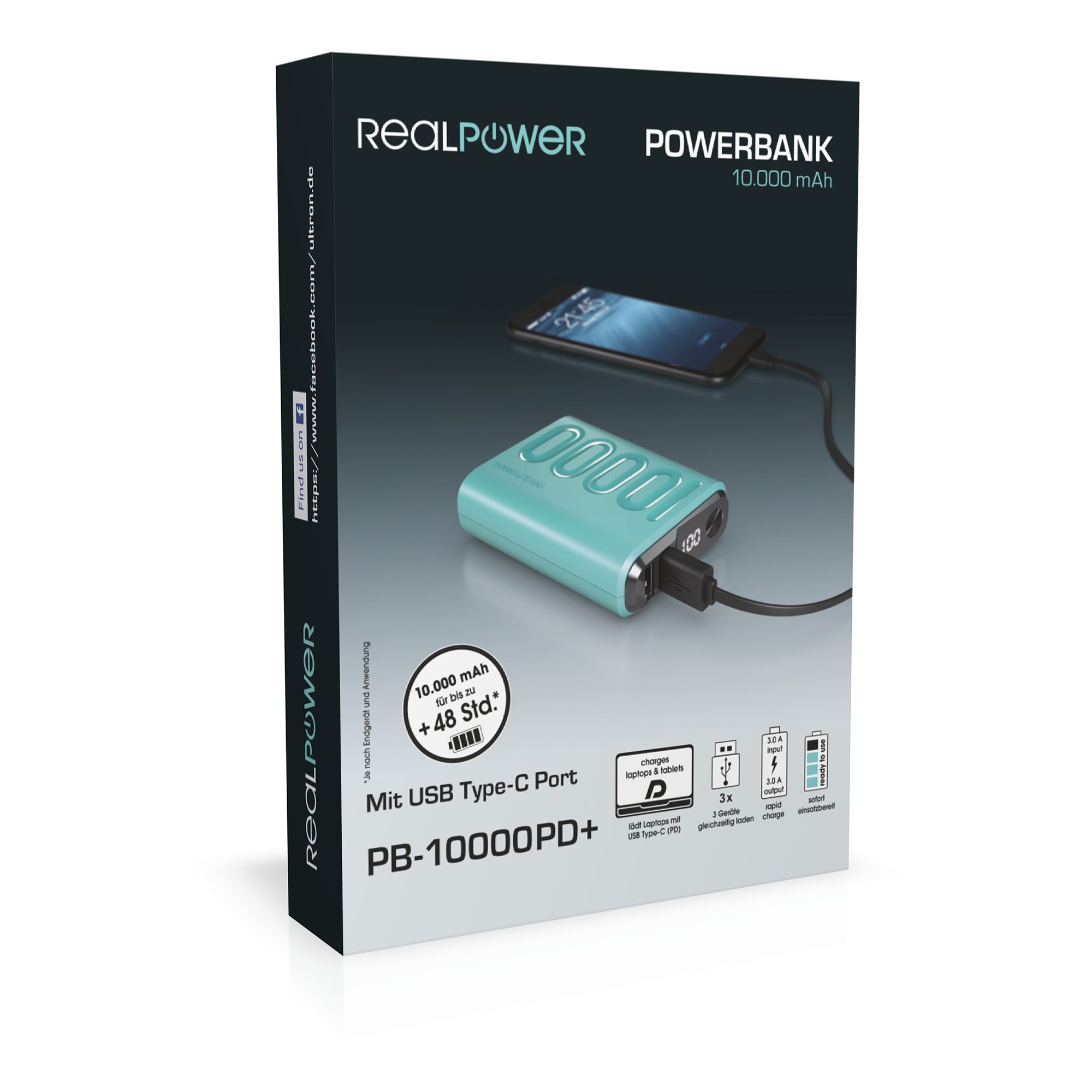 Powerbank in una scatola: color turchese, porta USB-C e schermo che indica la carica. Telefono in carica.