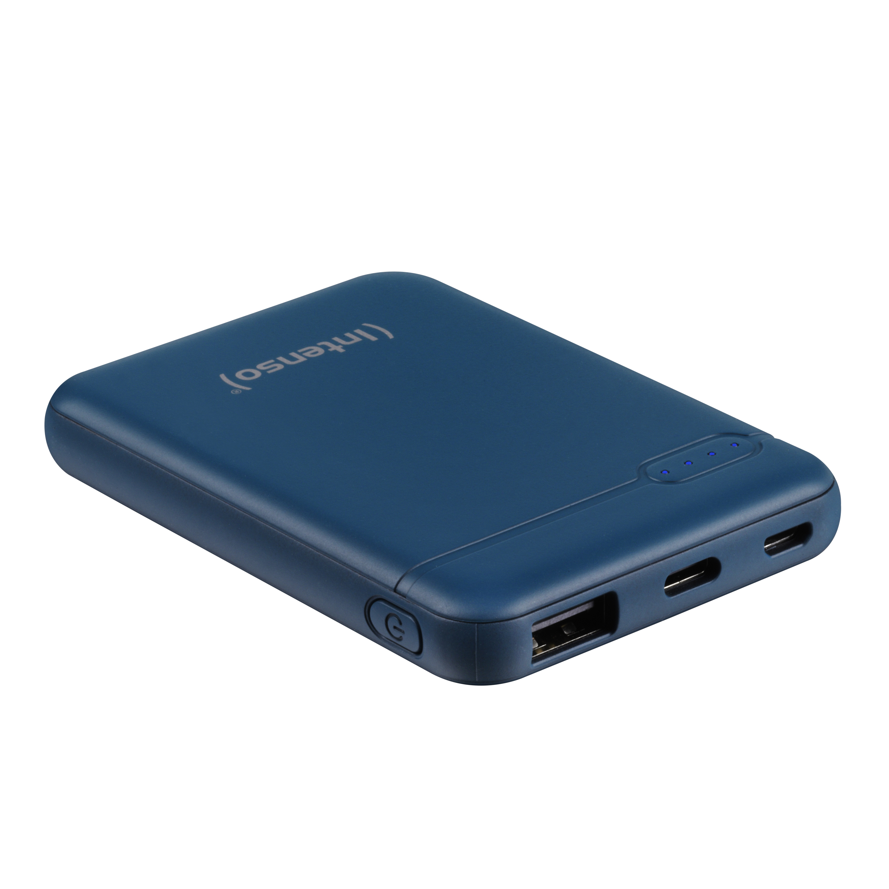 Blaue Intenso Powerbank mit Anschlüssen und Power-Taste auf weißer Fläche.