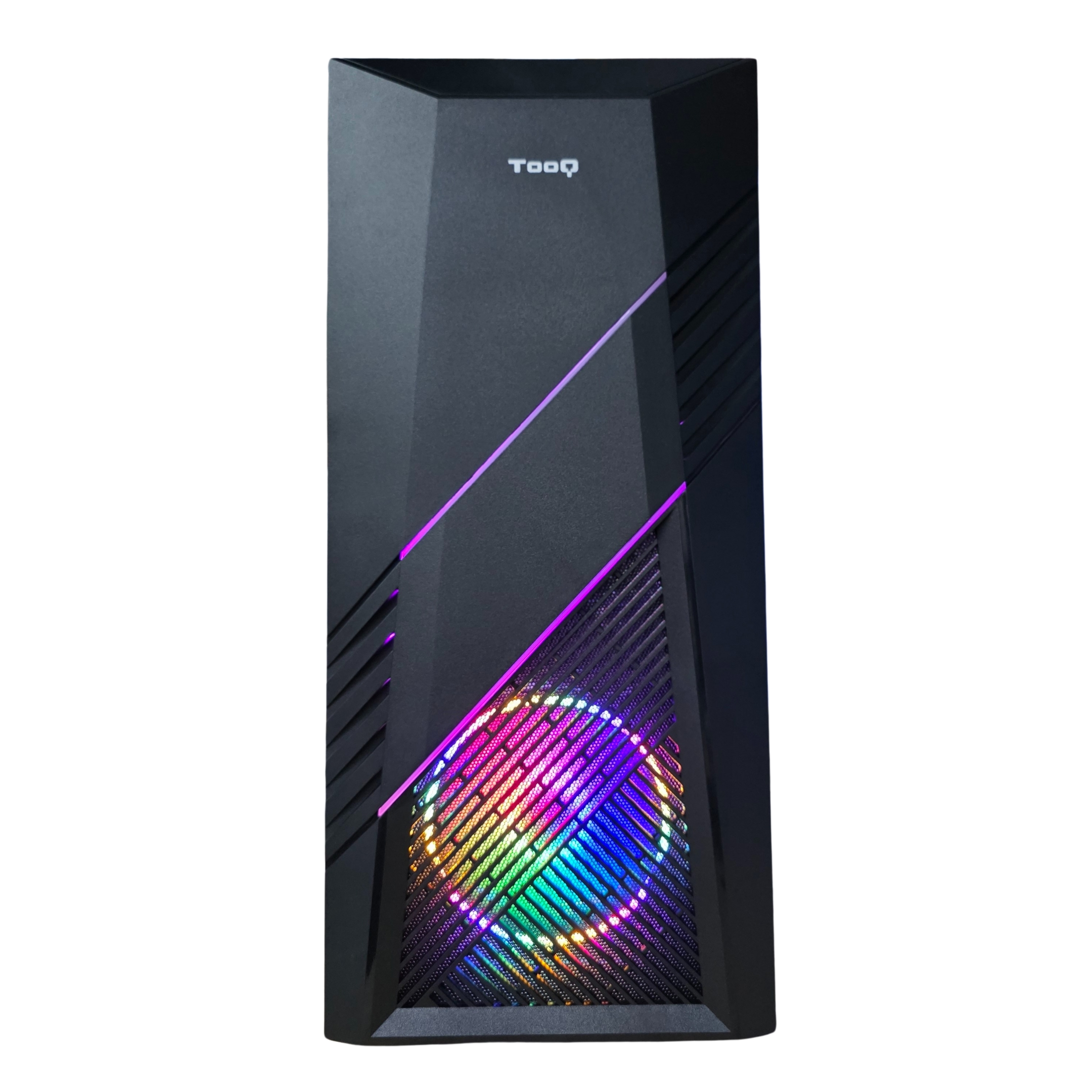 Caja de ordenador negra con luces LED. El frente tiene un diseño de malla y un logotipo.