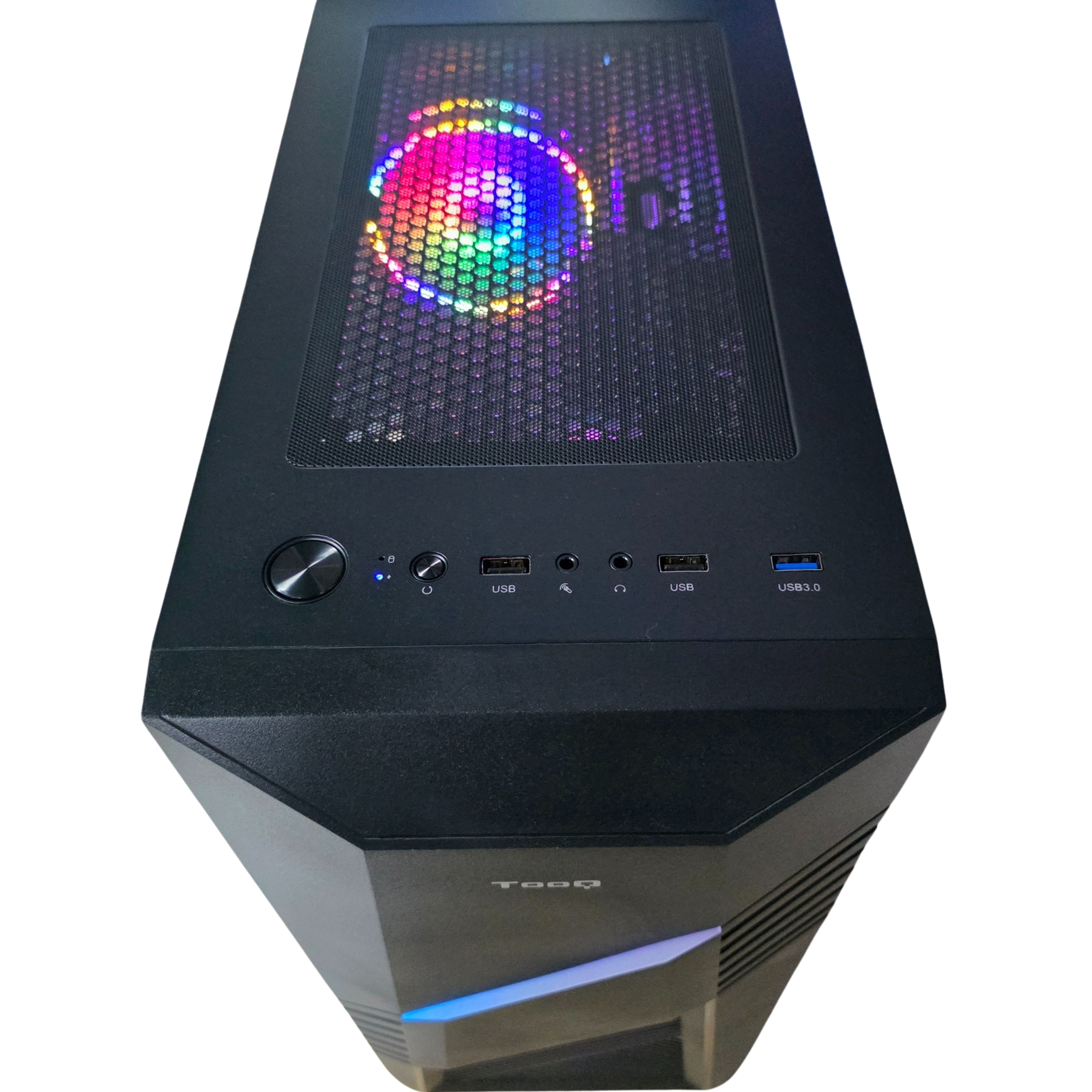 Caja de ordenador negra con vista superior. Tiene una parte superior de malla, luz RGB y puertos USB.
