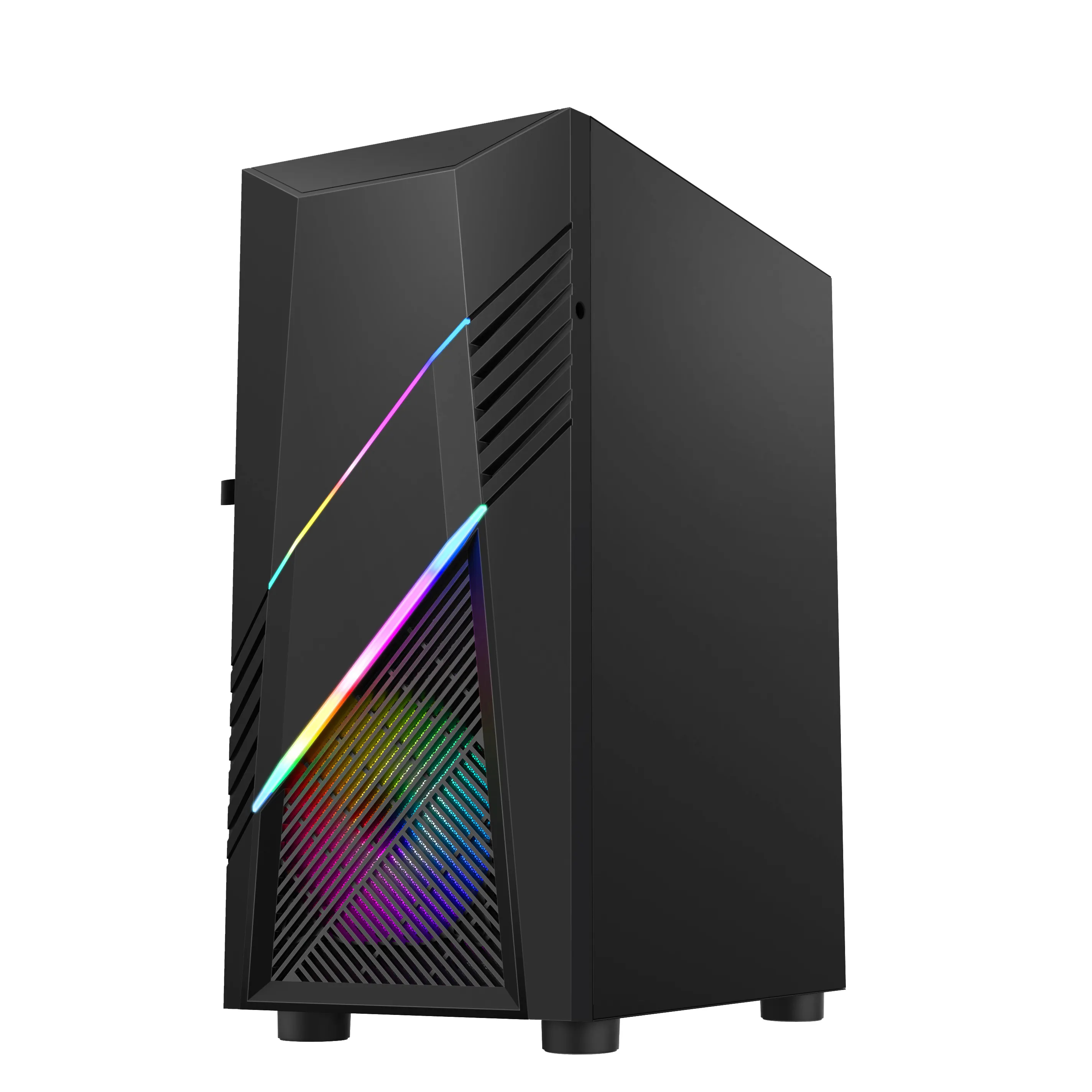 Carcasa de ordenador negra con iluminación RGB y un panel lateral de vidrio sobre fondo blanco.