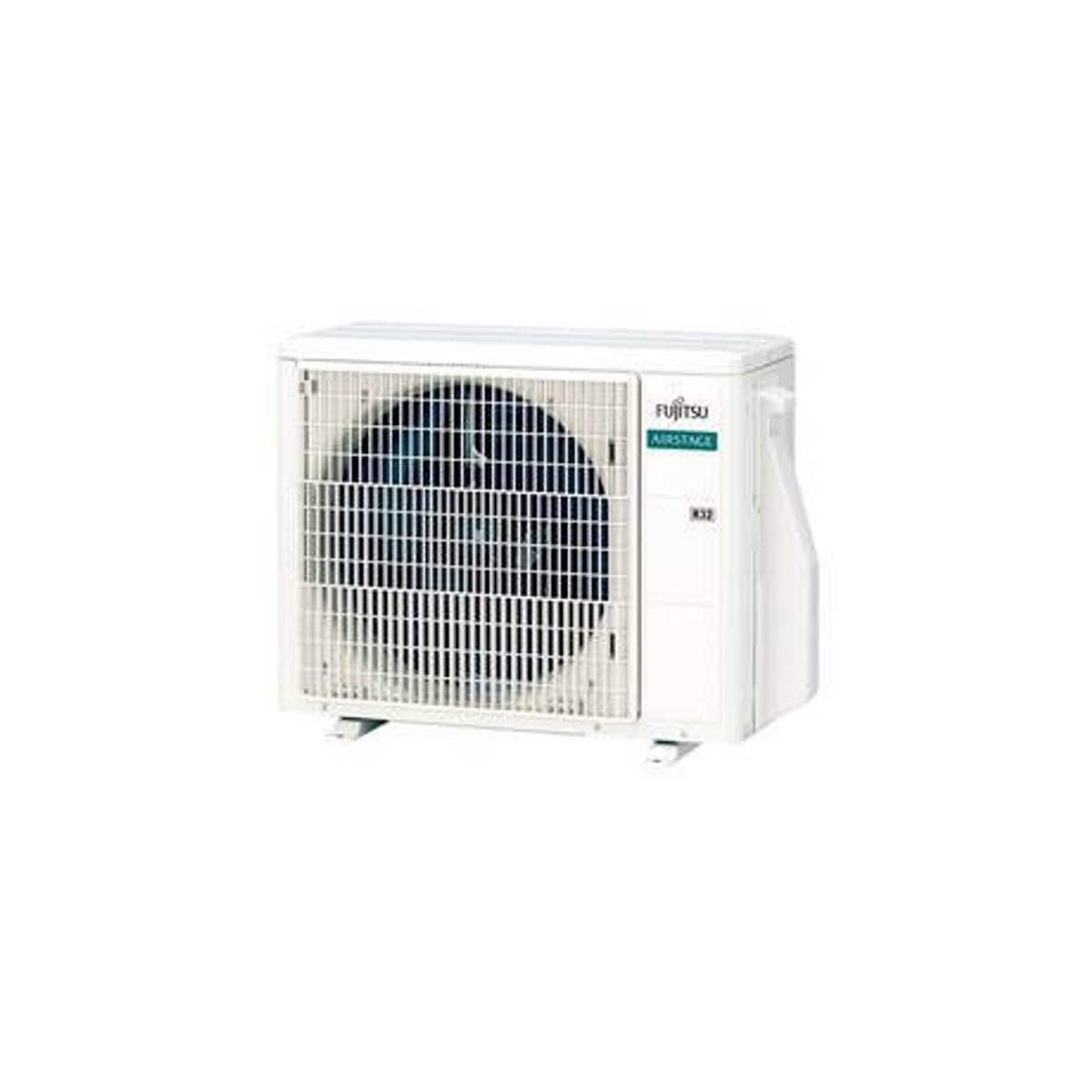Unidad de aire acondicionado exterior blanca con rejilla negra y el logotipo de Fujitsu Airstage.