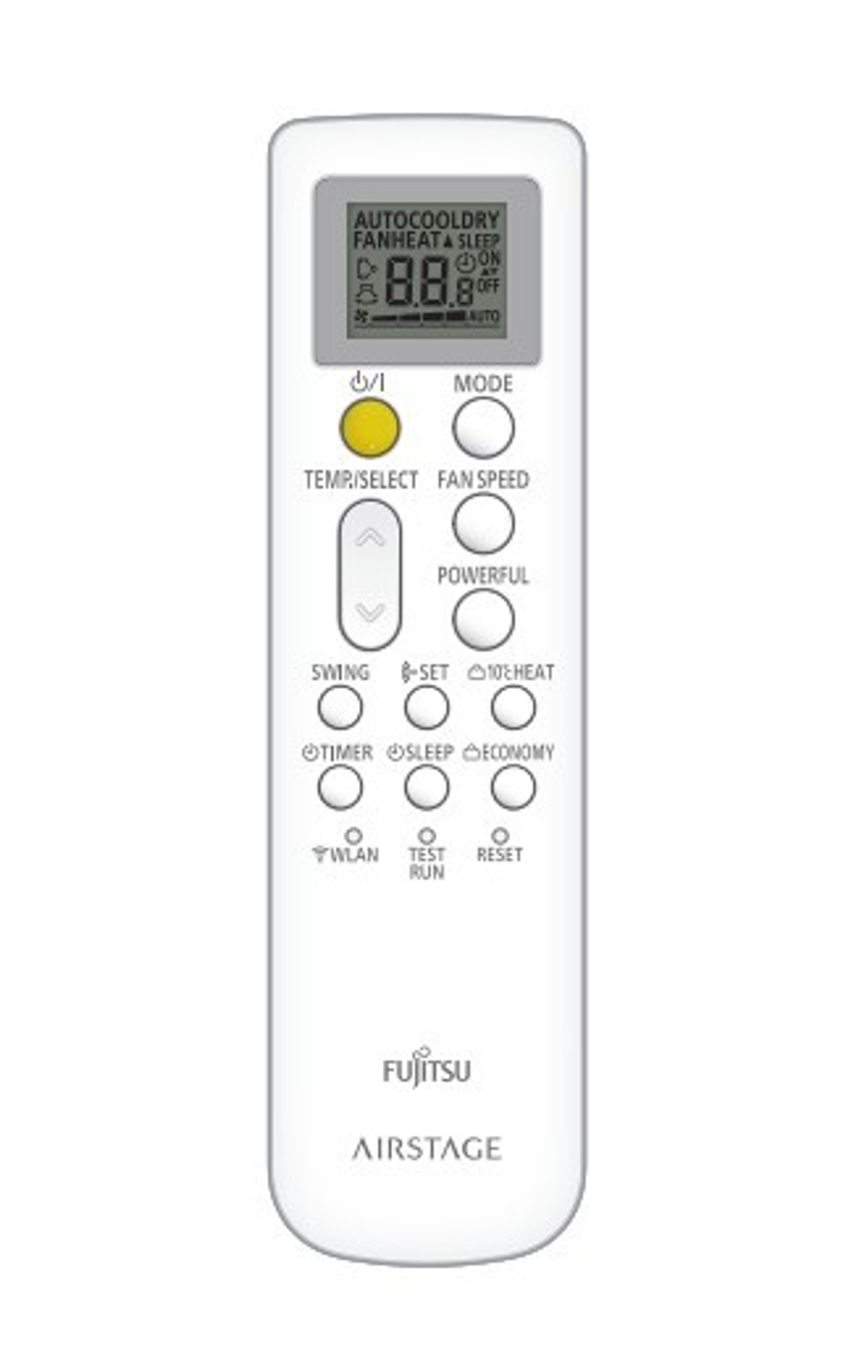 Mando a distancia blanco de aire acondicionado Fujitsu con botones y pantalla digital, sobre blanco.
