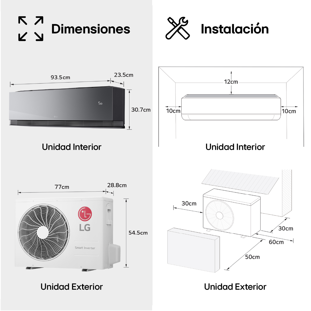 Diagrama muestra dimensiones e instalación de AC, con unidades interior y exterior, y medidas etiquetadas.