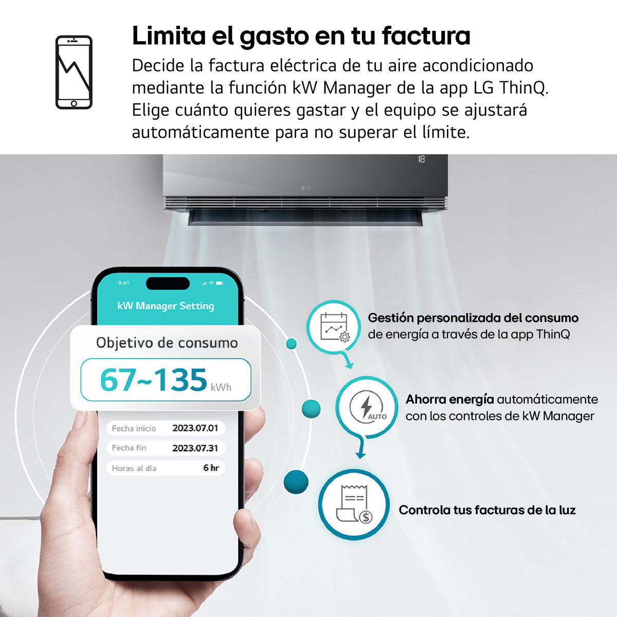 Un telefono con un'app mostra il consumo energetico e un condizionatore intelligente.