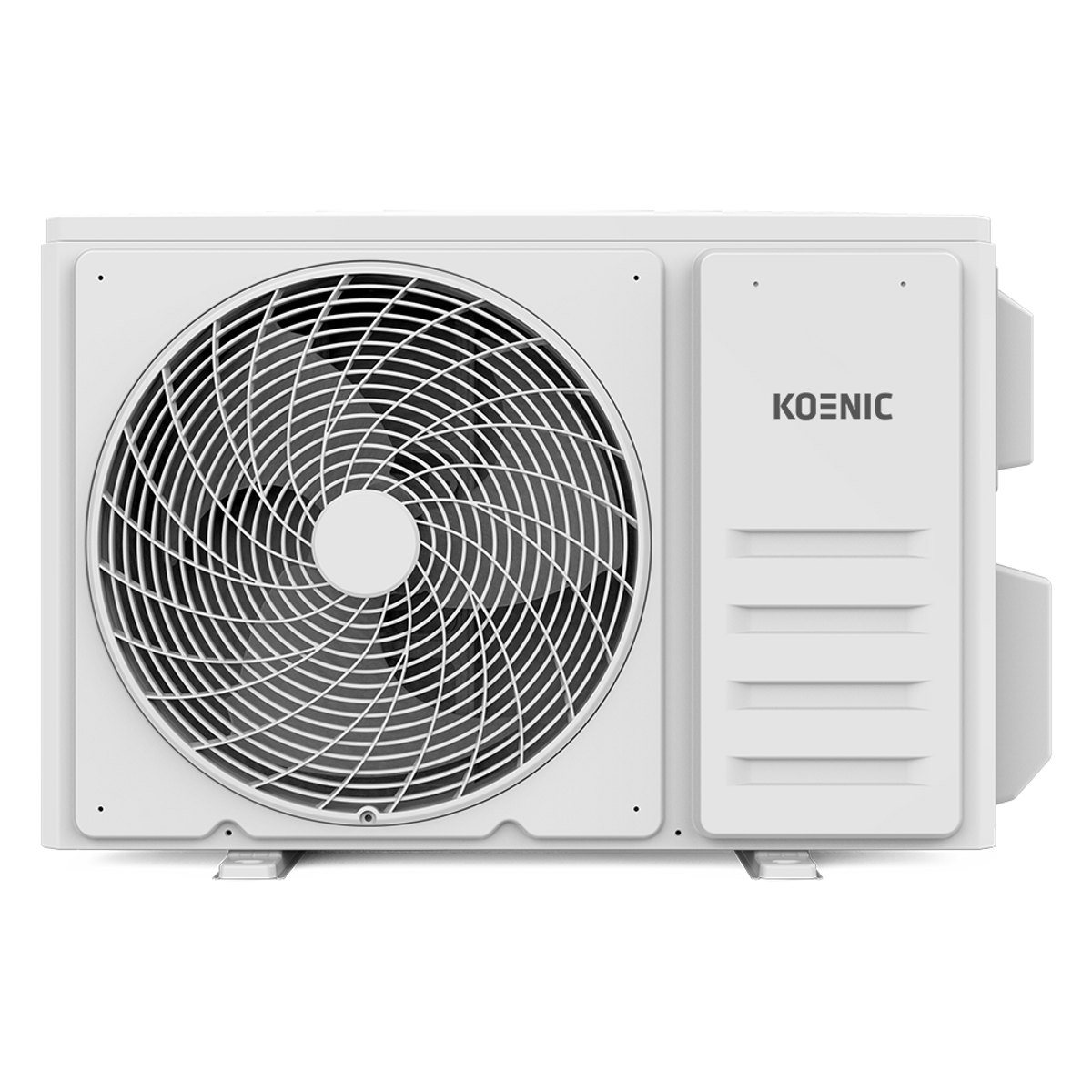Unidad de aire acondicionado Koenic blanca. Un ventilador es visible. Fondo negro.