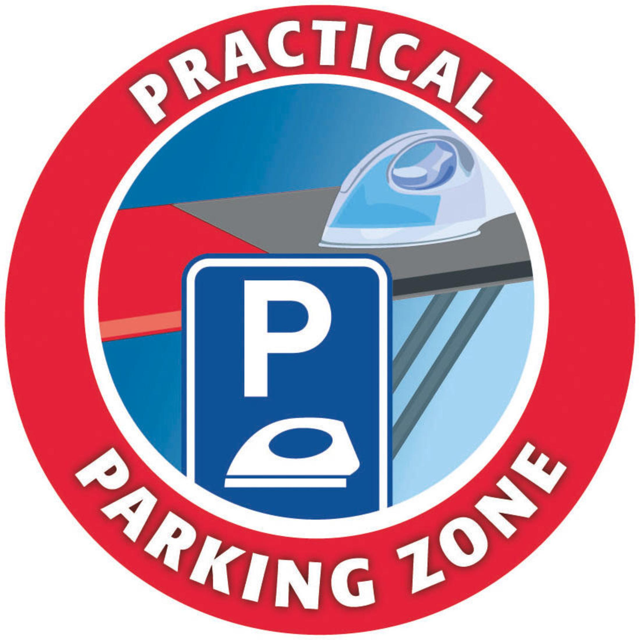 Czerwone i białe okrągłe logo ze znakiem parkowania i grafiką żelazka.