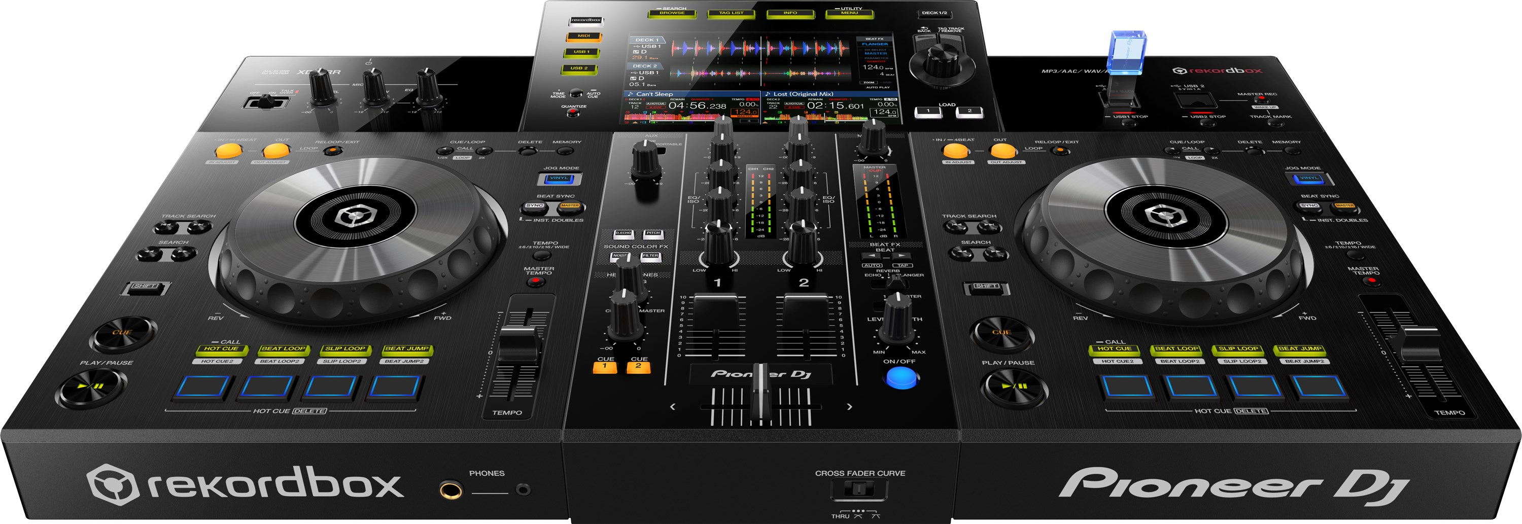 Un controller Pioneer DJ nero e argento con due jog wheel e numerosi pulsanti e schermi.