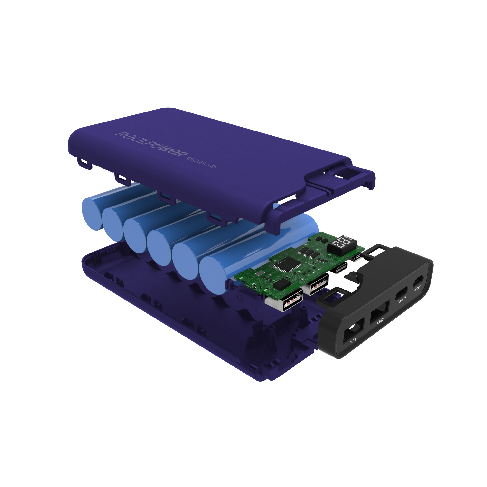 Power bank smontato che mostra batterie, circuito stampato e porte, su una base bianca.
