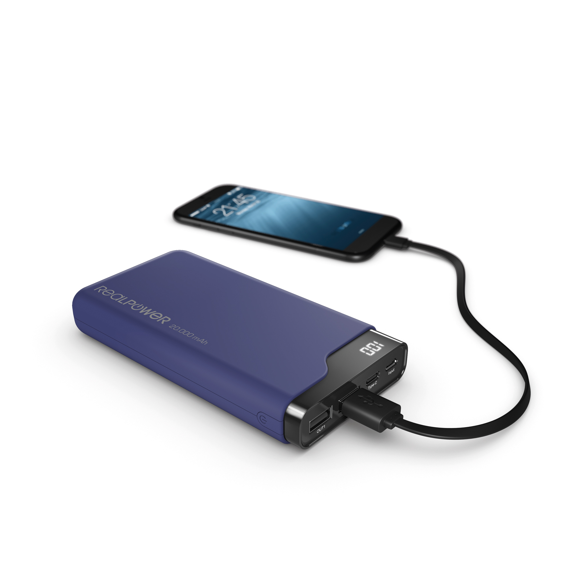 Power bank blu che carica un telefono. Il telefono mostra le 21:45.