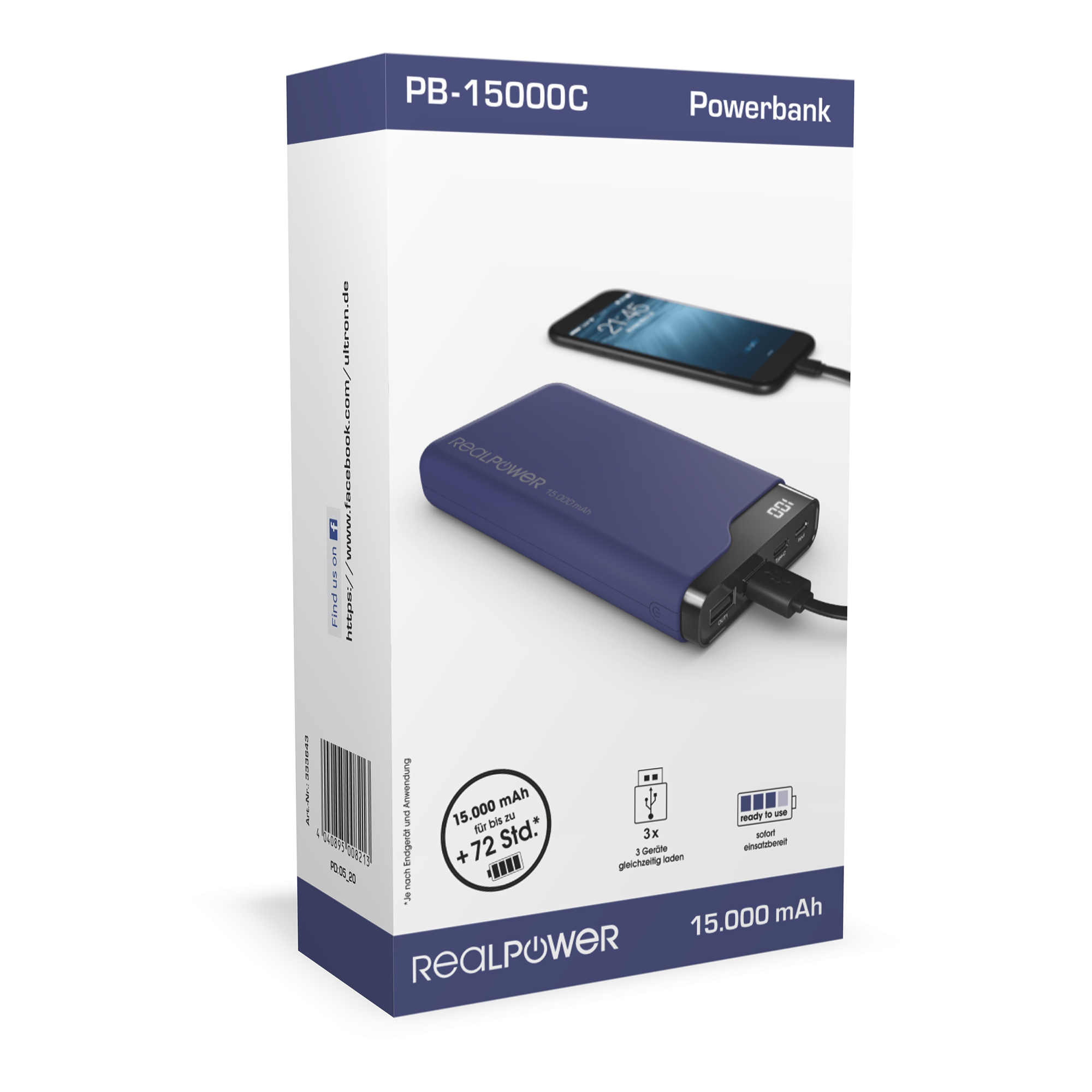 Scatola powerbank blu con un'immagine del telefono. Dice 'PB-15000C Powerbank' e ha le specifiche.