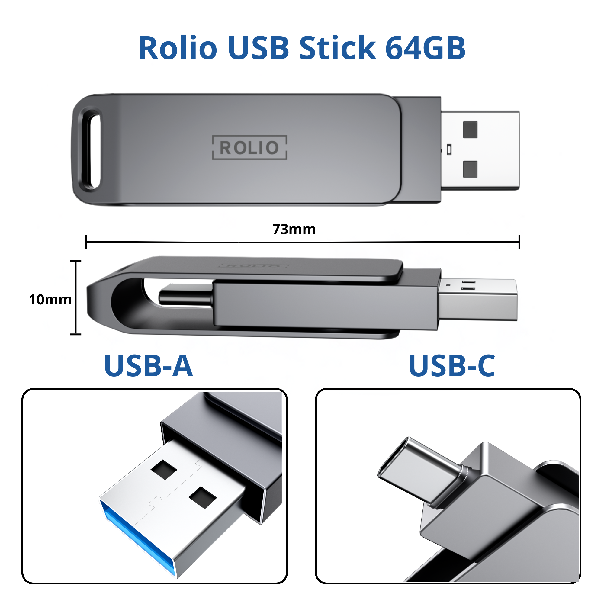 Een grijze USB-stick met USB-A- en USB-C-connectoren, met productafmetingen.
